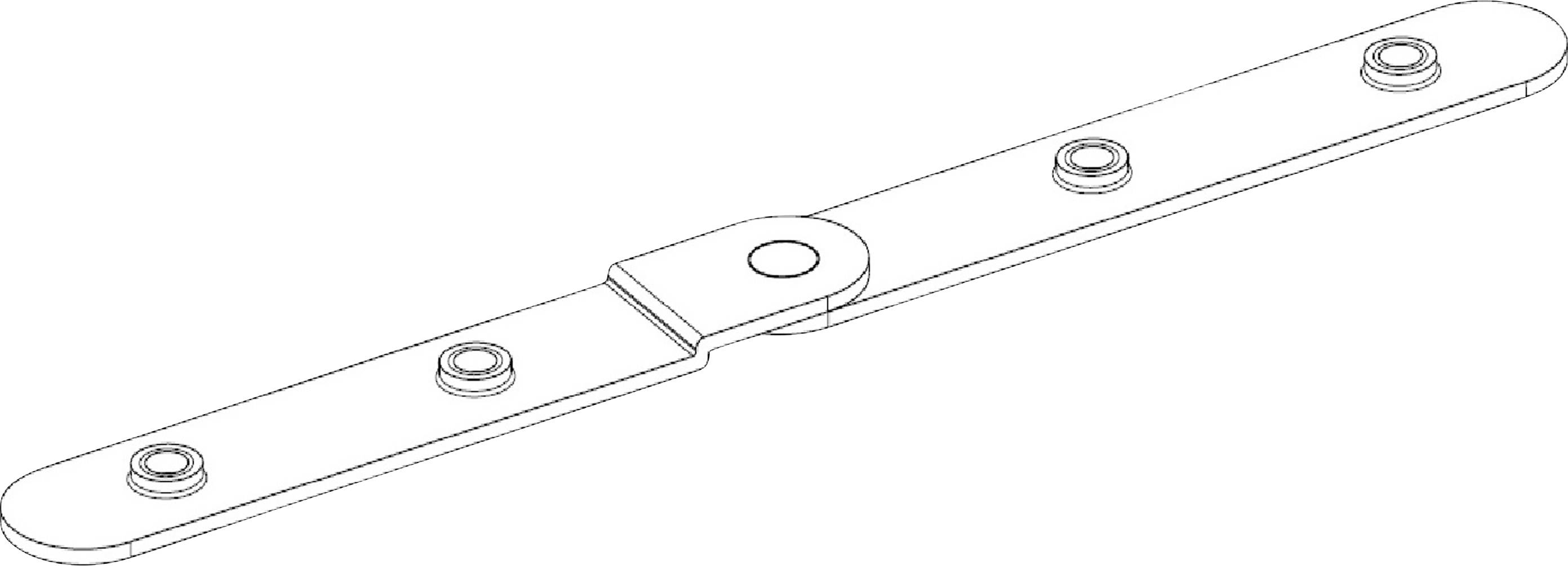 Technische Zeichnung einer geraden Metallverbindungsplatte mit vier Schraubenlöchern und einer zentralen Erhöhung.