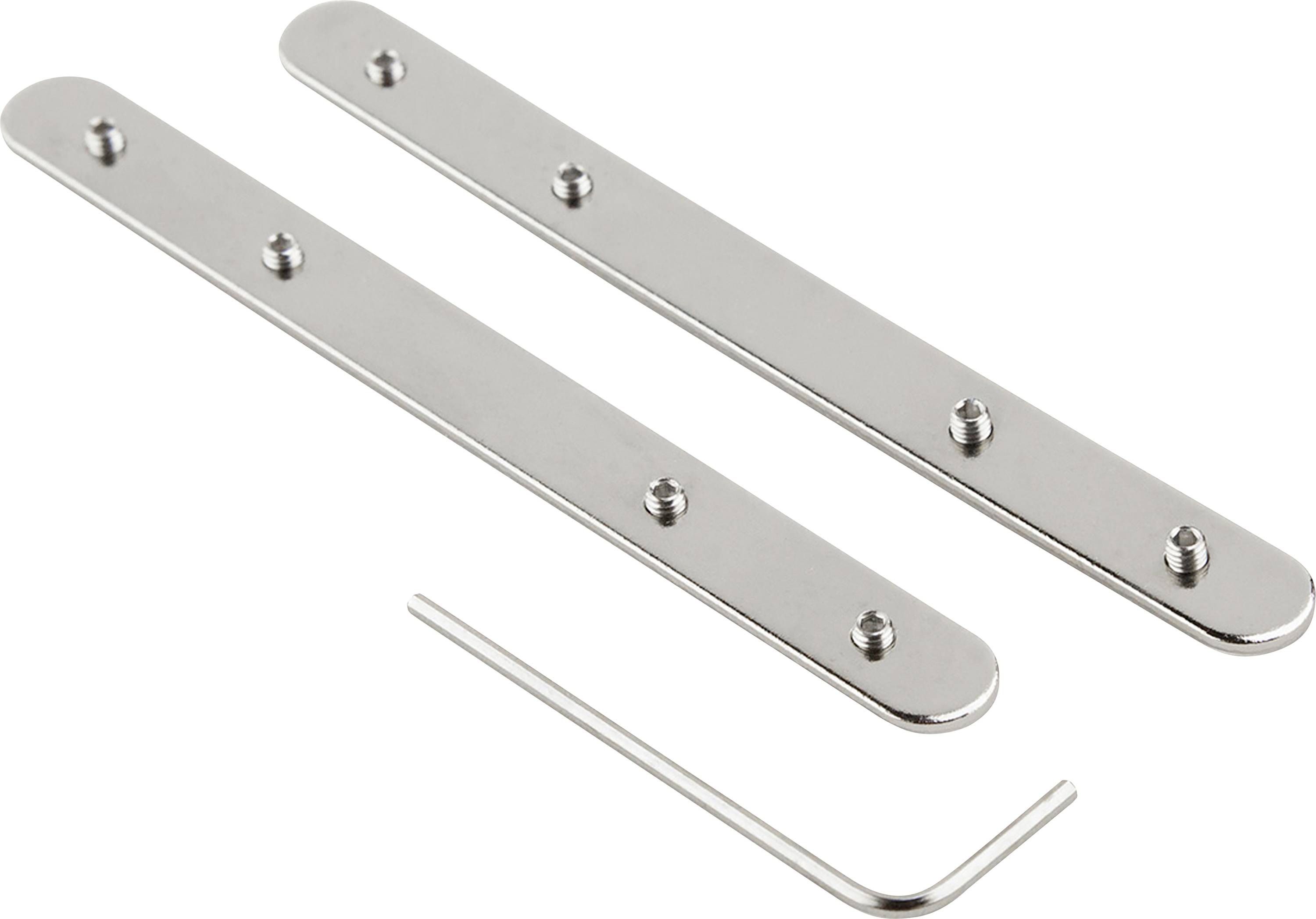 Zwei silberne Metallstreifen mit Schrauben und einem Sechskantschlüssel daneben.