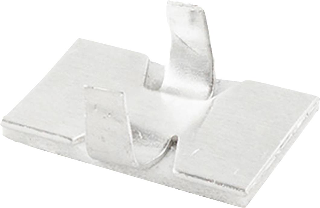 Ein kleiner, metallischer Clip aus Edelstahl, mit zwei aufrechten Laschen, geeignet zum Befestigen von Materialien oder Kabeln.