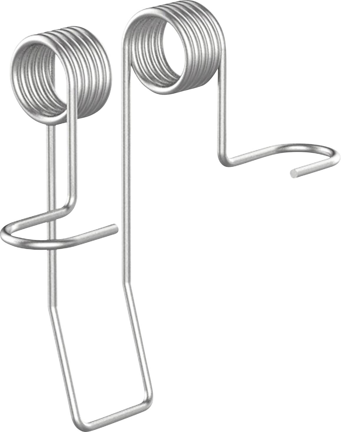 Zwei Metallfedern, die nebeneinander stehen. Jede Feder hat eine kreisförmige Windung und lange, rechtwinklige Enden.