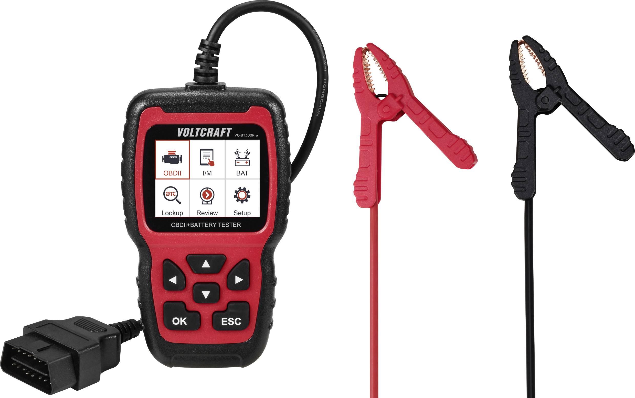 Tragbares OBDII-Batterietestergerät mit rotem und schwarzem Batterieklemmenkabel. Display zeigt Menüpunkte wie 'OBDII', 'Battery', 'Setup'.