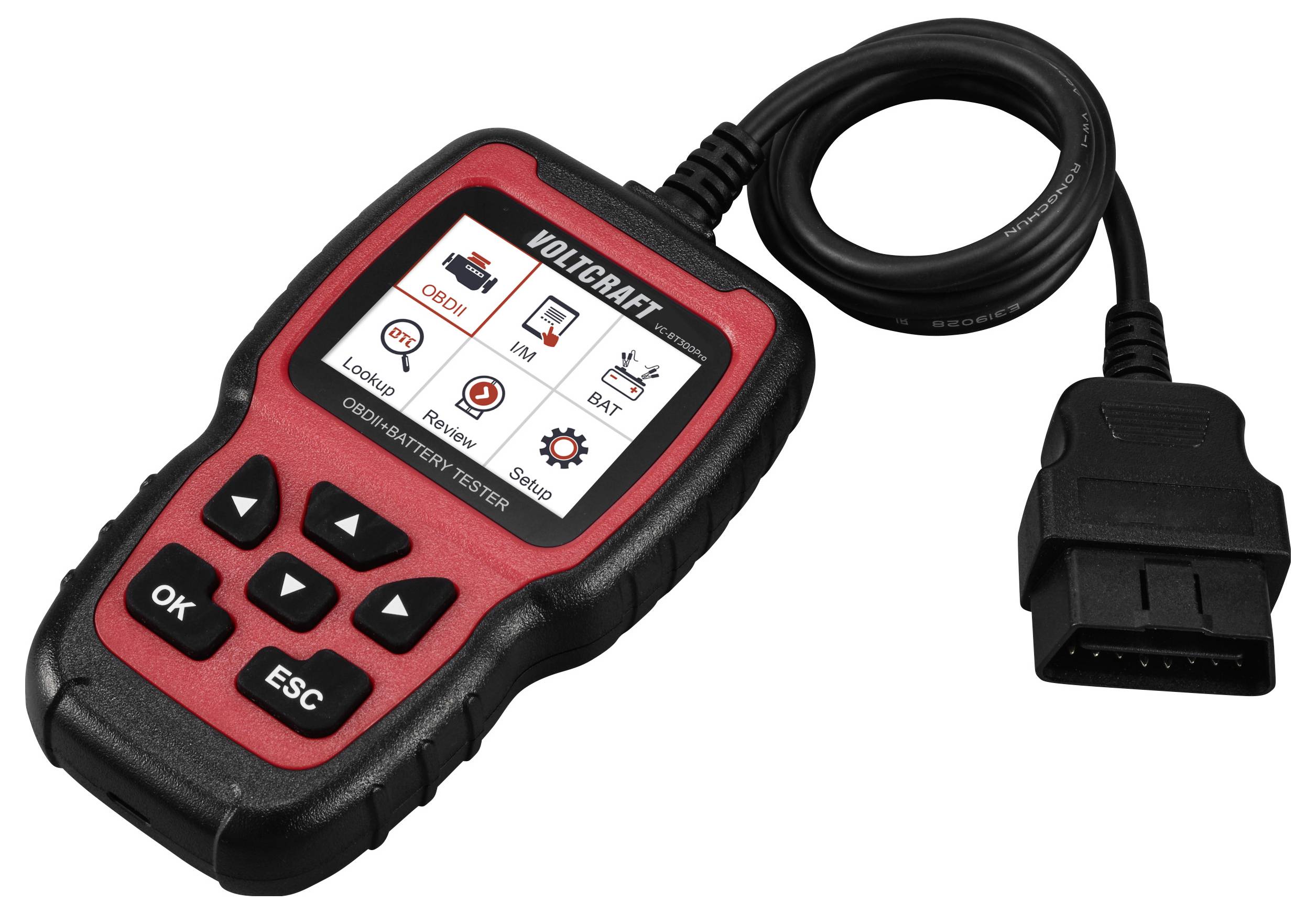 Dieses Bild zeigt ein OBD-II Diagnosegerät mit einem Display und Tasten zur Fahrzeugdiagnose. Enthält Symbole für verschiedene Prüfmodi.