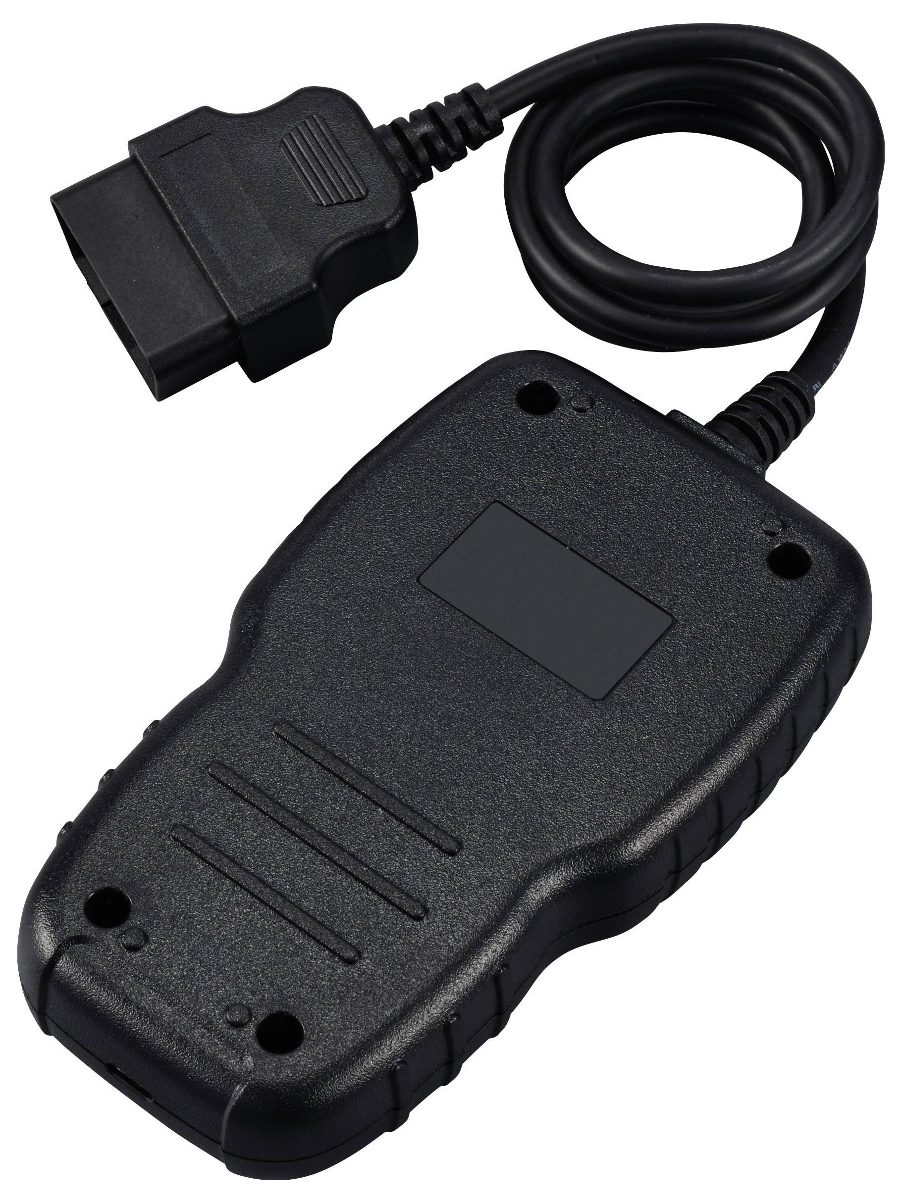 Ein schwarzes OBD2-Diagnosegerät mit Kabel, das zur Fahrzeugdiagnose verwendet wird. Es hat eine rechteckige Form und eine robuste Oberfläche.