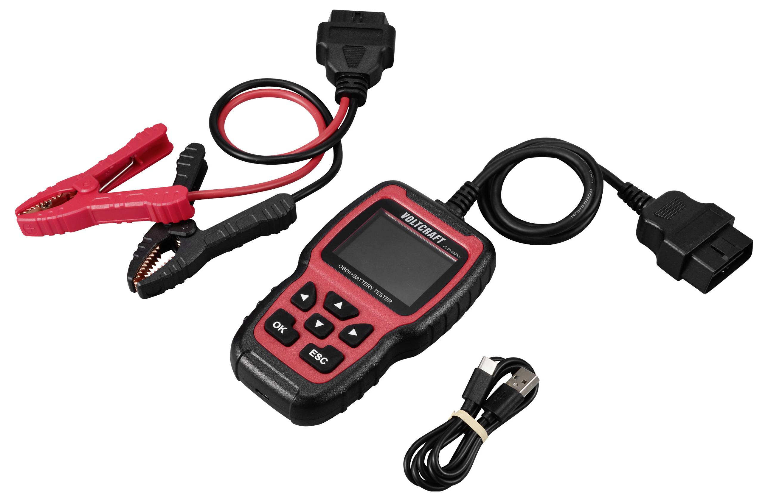 Ein OBD2-Diagnosegerät mit Bildschirm, Tasten und Kabeln zum Verbinden mit Fahrzeug und Laptop. Enthält Batterieklemmen und ein USB-Kabel. Ideal für Fahrzeugdiagnose.