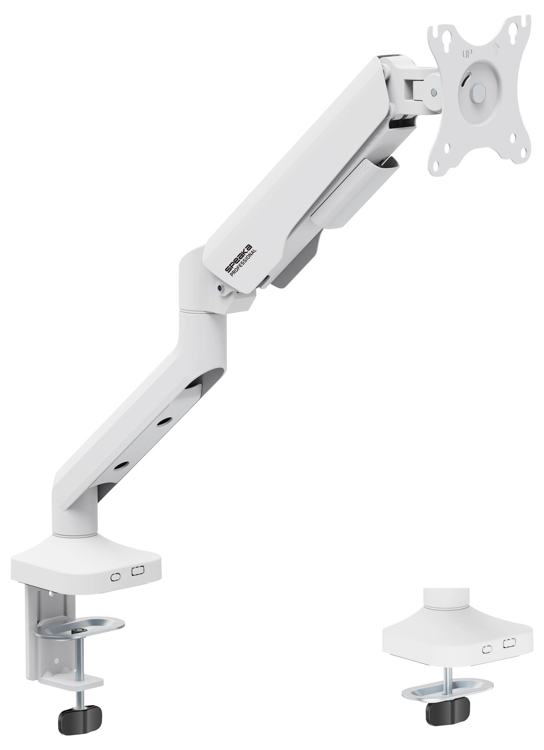 Monitorhalterung mit verstellbarem Arm und Klemme zur Befestigung an einem Tisch. Geeignet für ergonomisches Arbeiten am Bildschirm.