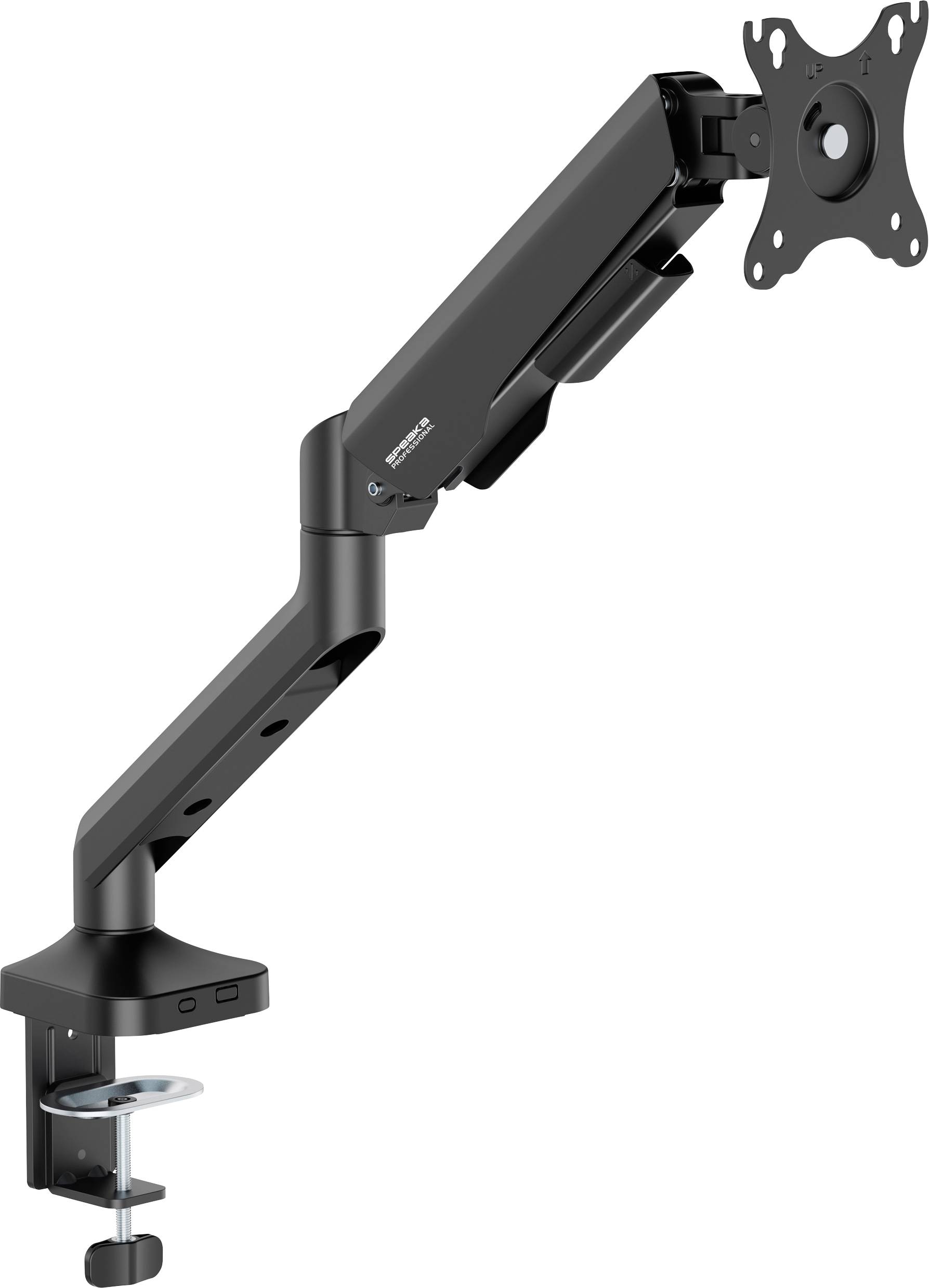 Ein schwarzer Monitorarm mit Klemme zur Befestigung an einem Tisch zur flexiblen und ergonomischen Positionierung eines Monitors.