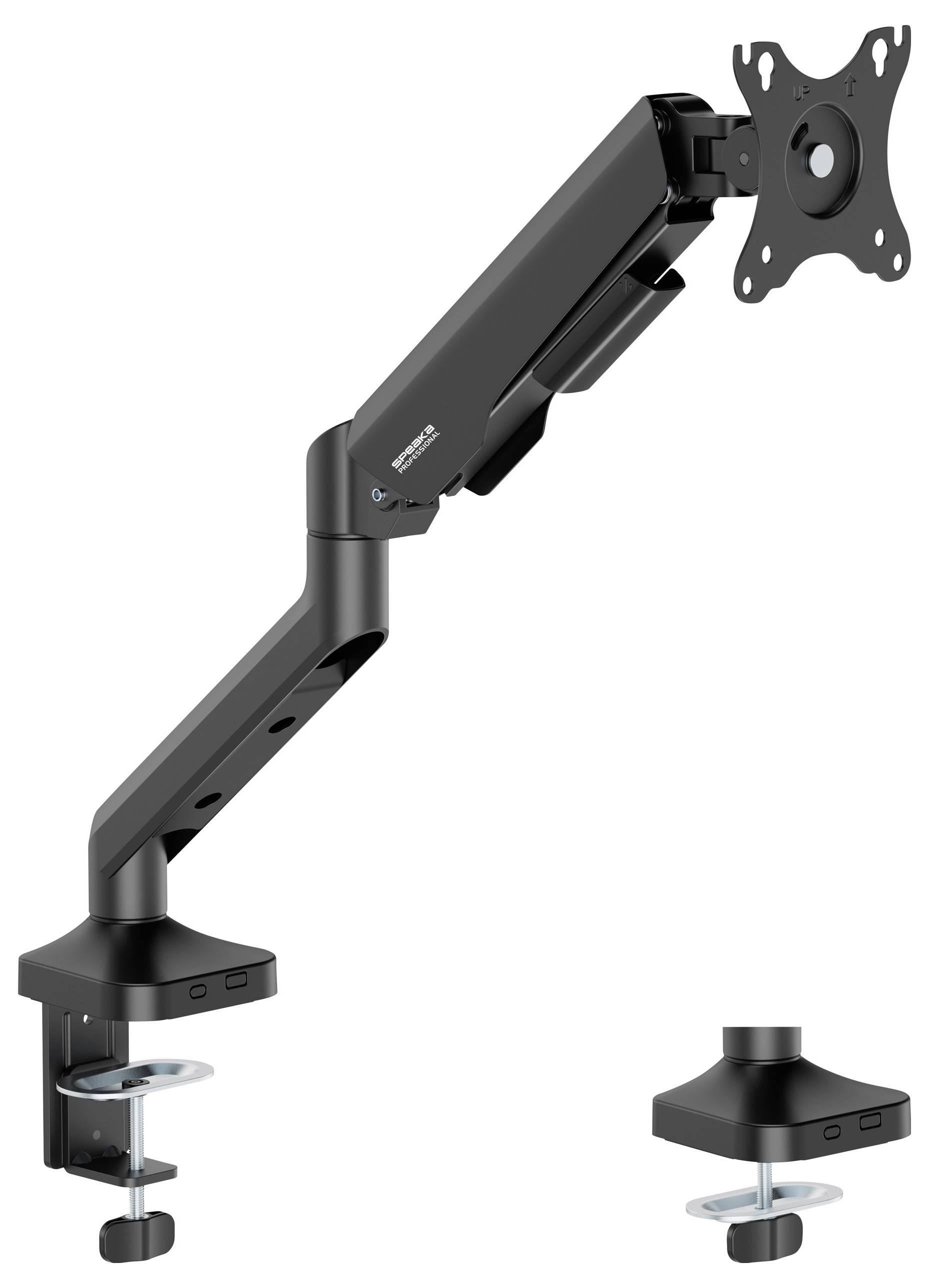 Monitorhalterung mit verstellbarem Arm und Tischklemme zur Befestigung. Geeignet für ergonomische Arbeitsplatzgestaltung.