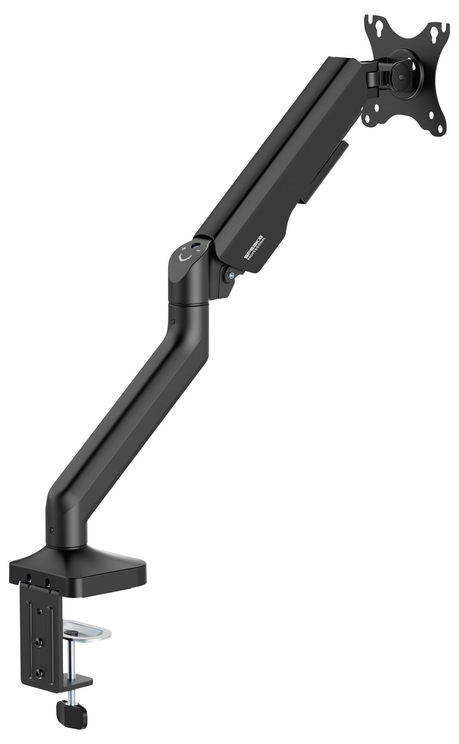 Ein verstellbarer, schwarzer Monitorarm mit Tischklemme zur Befestigung eines Bildschirms. Ideal für flexible Bildschirmpositionierung.