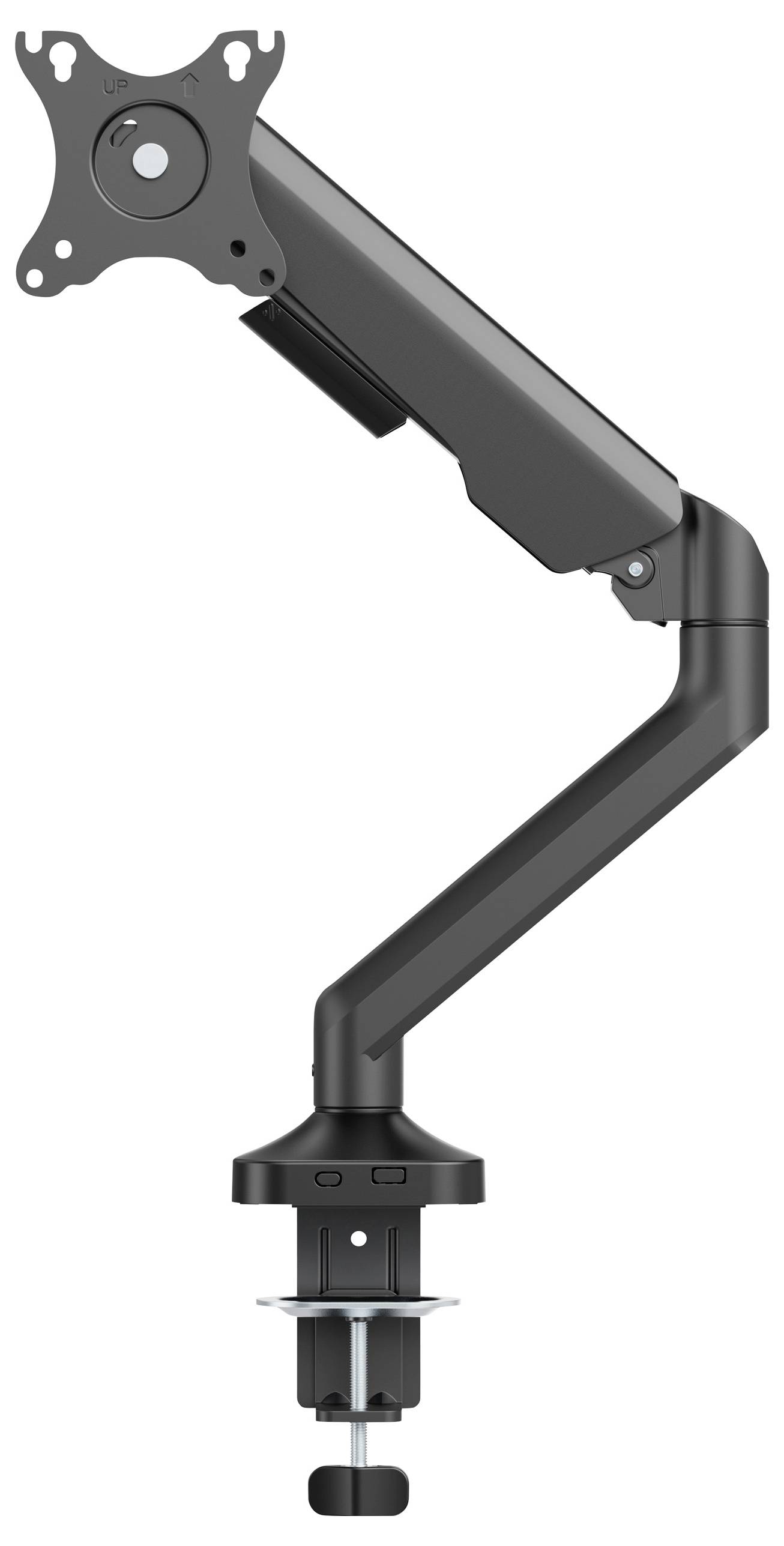 Ein schwarzer Monitorarm mit verstellbarem Gelenk, der an einer Tischplatte befestigt ist. Geeignet für flexible Bildschirmpositionierung.
