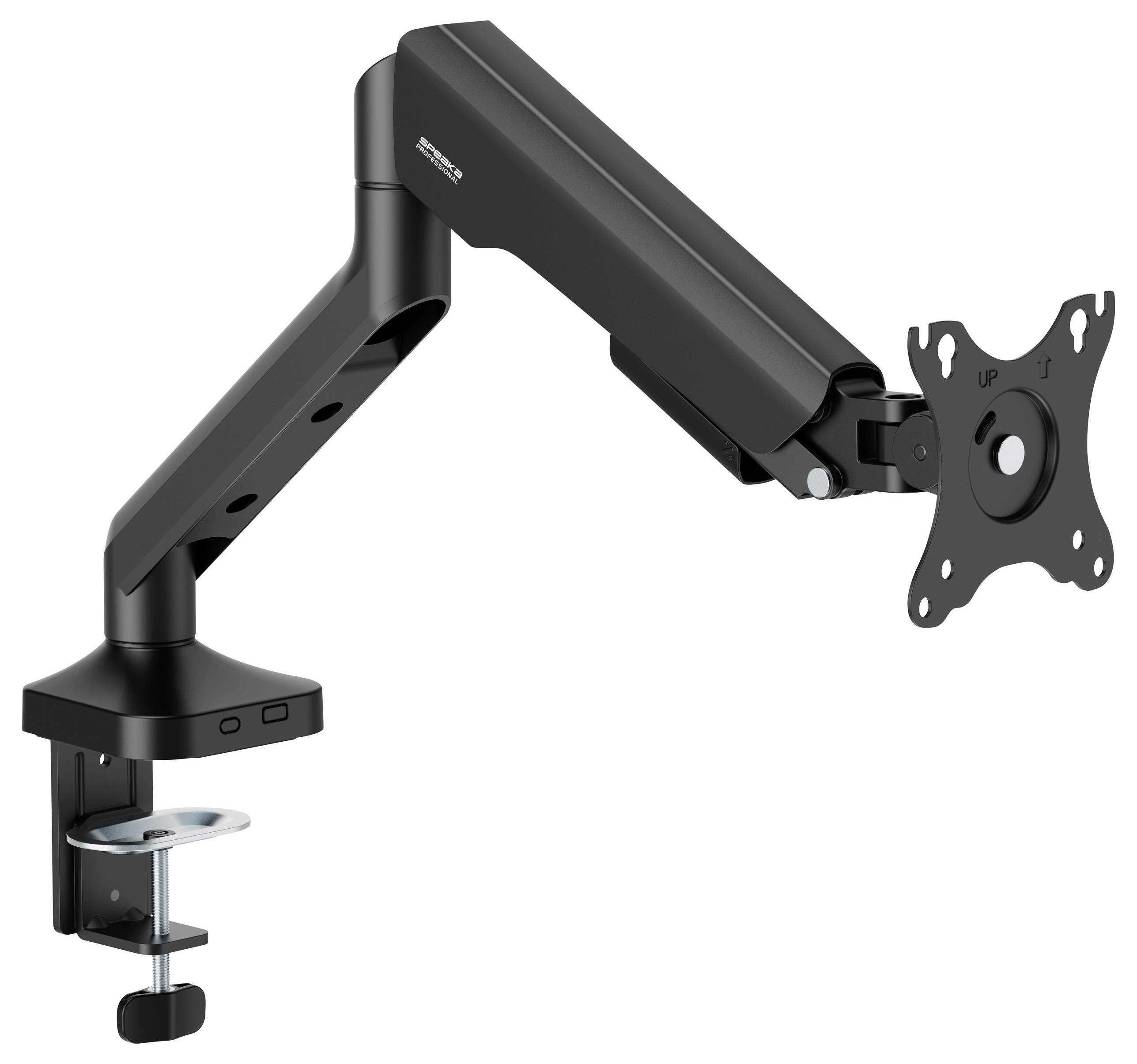 Ein schwarzer Monitorarm mit einstellbarem Gelenk, zur Befestigung eines Bildschirms auf einem Schreibtisch, mit Klemmbefestigung.