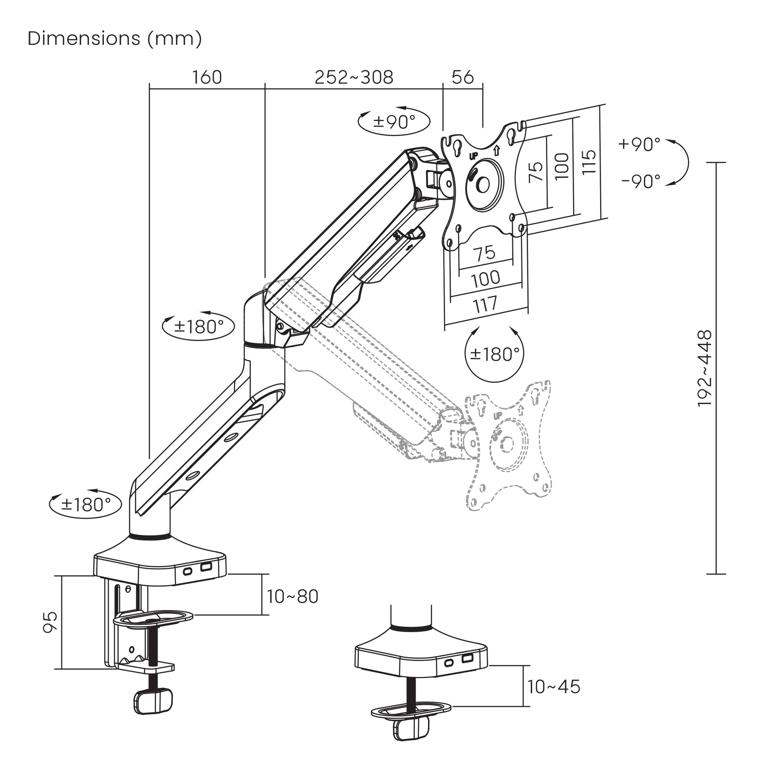 Technische Zeichnung eines verstellbaren Monitorarms. Maße in mm: Länge 252-308, Höhe 192-448. Schwenkbar bis +180°/-180°.