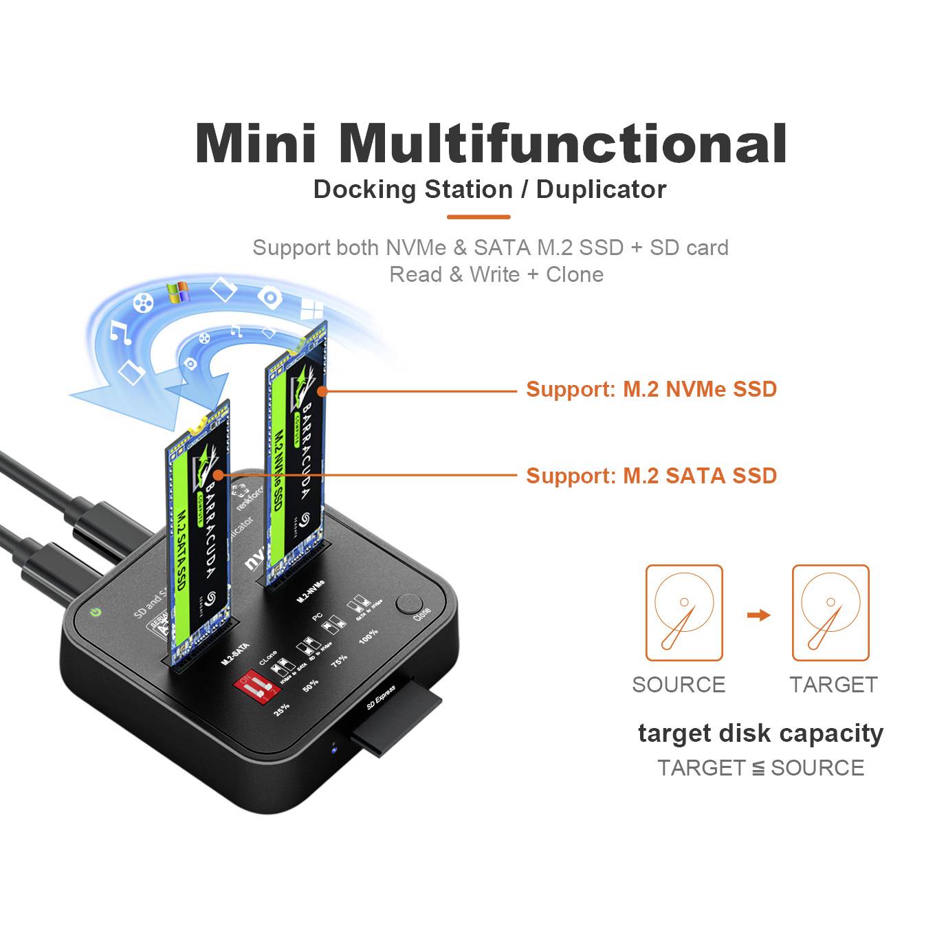 'Mini Multifunctional Docking Station': Zeigt Verwendung von NVMe und SATA M.2 SSDs. Positioniert SSDs für Quelle/Ziel, unterstützt hohe Kapazität.