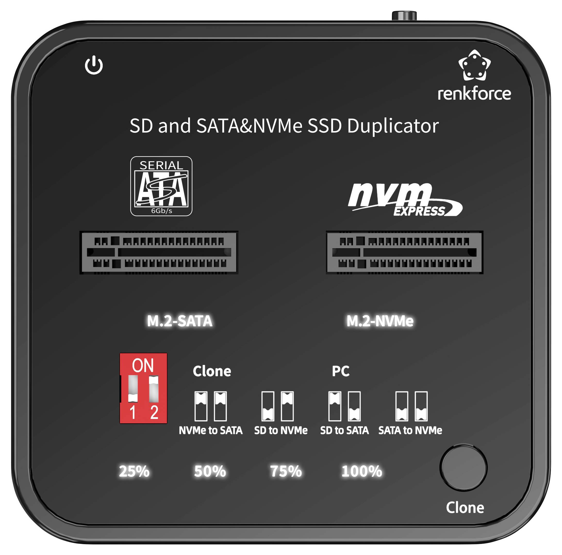 'Renkforce SD und SATA&NVMe SSD Duplicator' mit Schnittstellen für M.2-SATA und M.2-NVMe, Klon- und PC-Optionen, Fortschrittsanzeige.