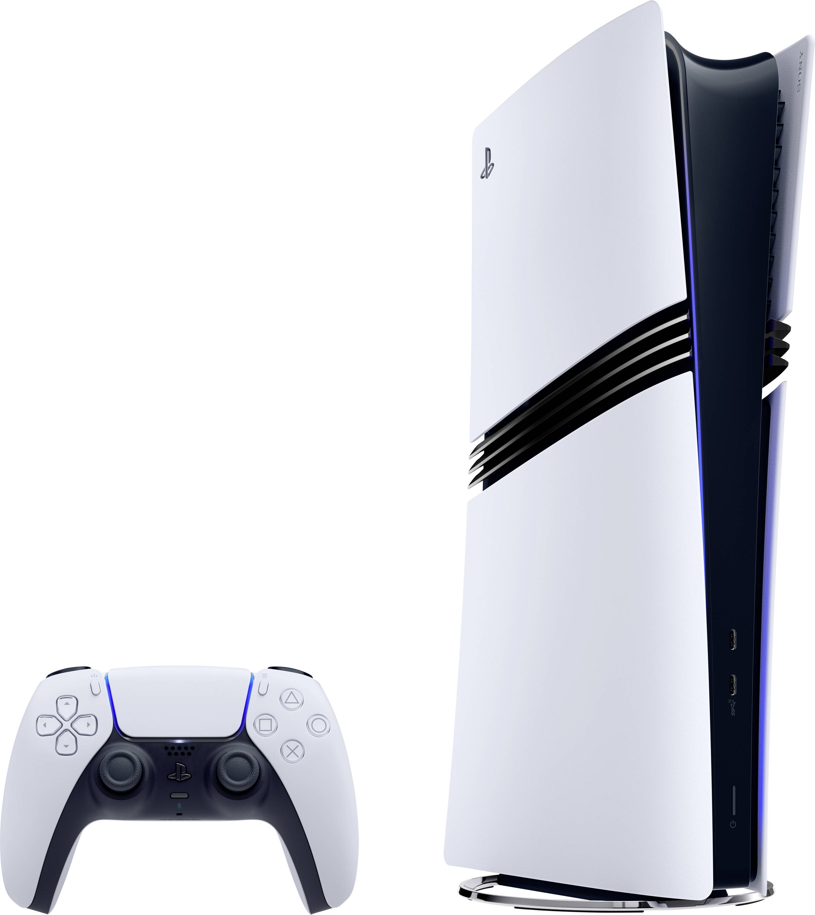 Weiße Spielekonsole mit passendem Controller, vertikal aufgestellt.