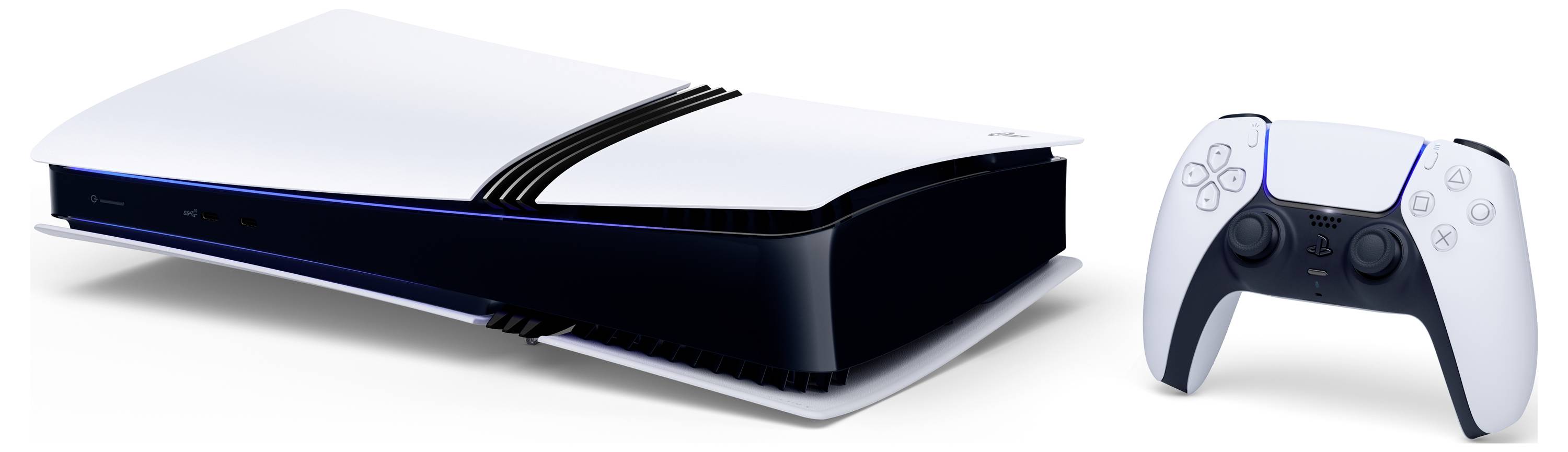 PlayStation 5-Konsole und -Controller in Weiß und Schwarz; die Konsole ist liegend abgebildet.