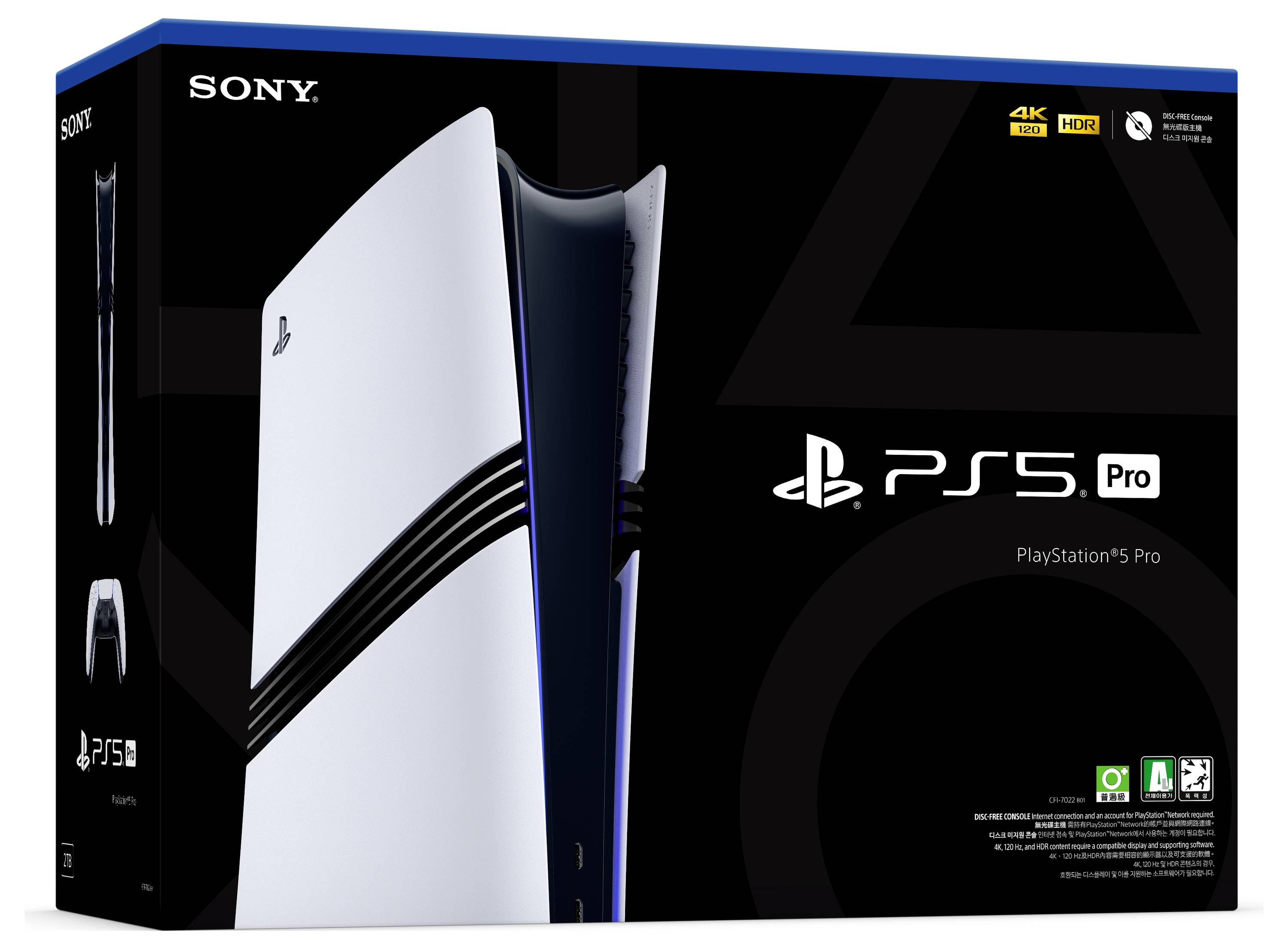 Eine Verpackung der 'PlayStation 5 Pro' mit Abbildung der Konsole. Oben links das Sony-Logo. Enthält 4K HDR- und SSD-Symbole.