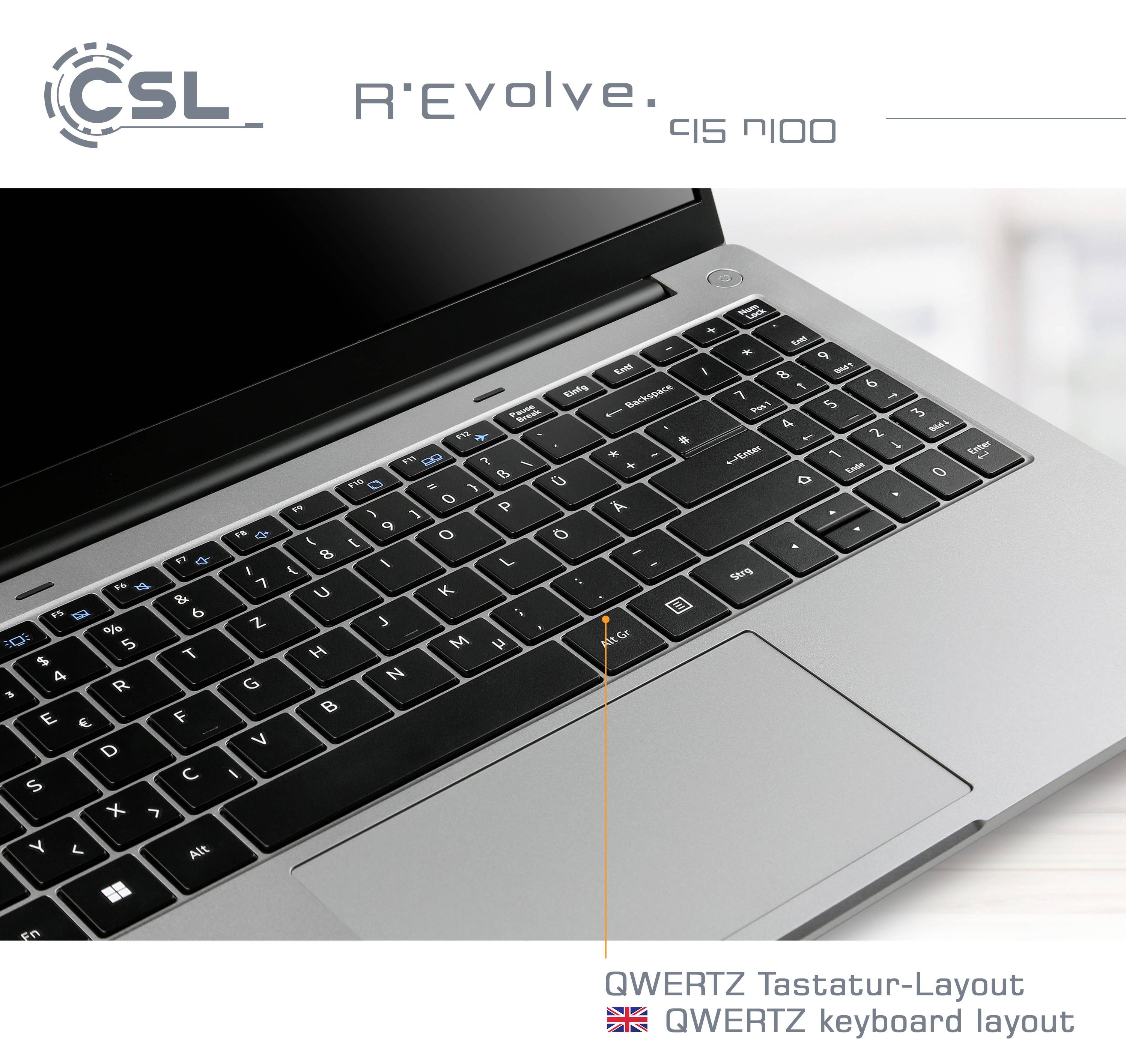 CSL Computer Notebook R'Evolve C15 v4 39.6cm (15.6 Zoll) Full HD Intel® N N100 32GB RAM 1TB SSD Deutsch, QWERTZ Grau 92332