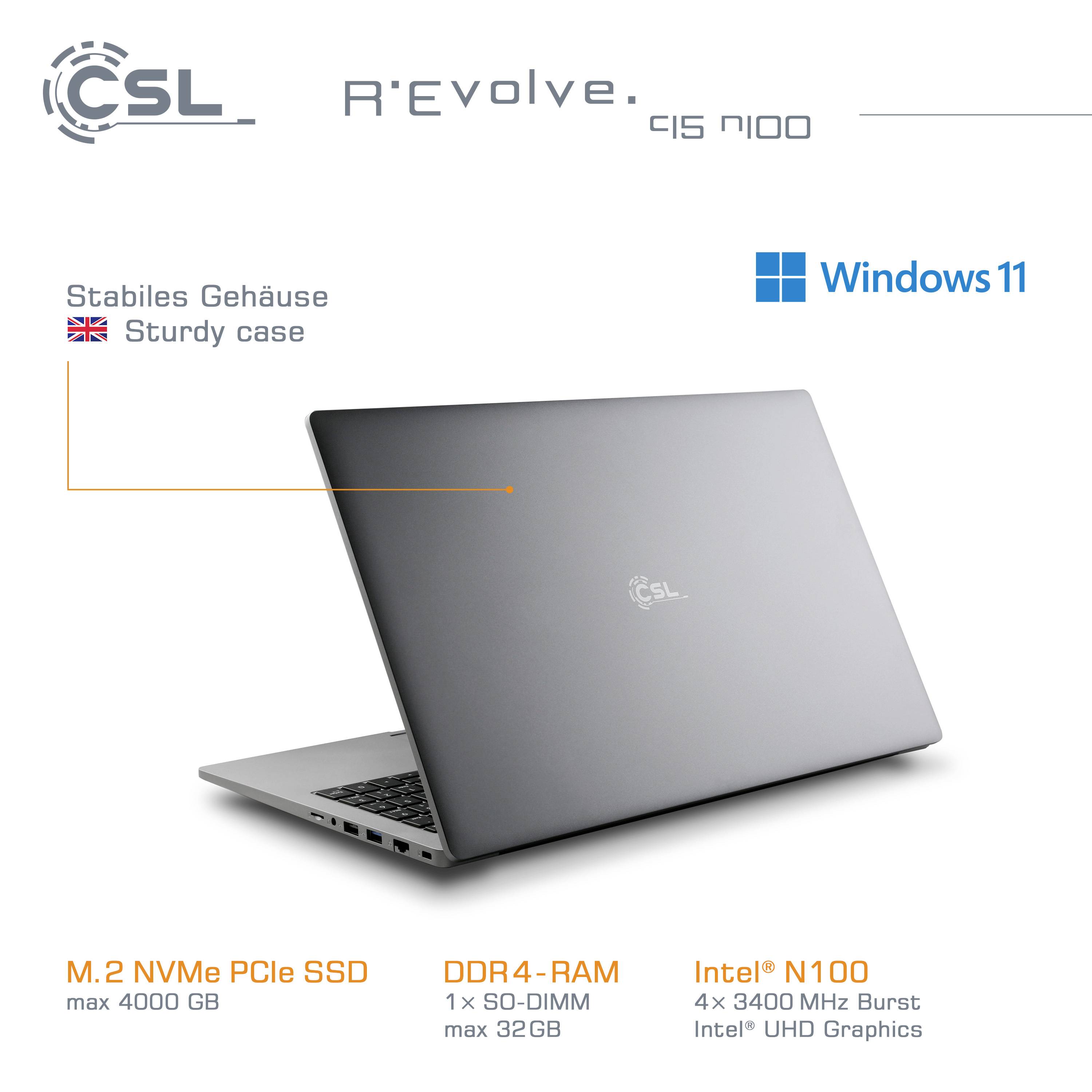 CSL Computer Notebook R'Evolve C15 v4 39.6cm (15.6 Zoll) Full HD Intel® N N100 8GB RAM 500GB SSD Deutsch, QWERTZ Grau 92338