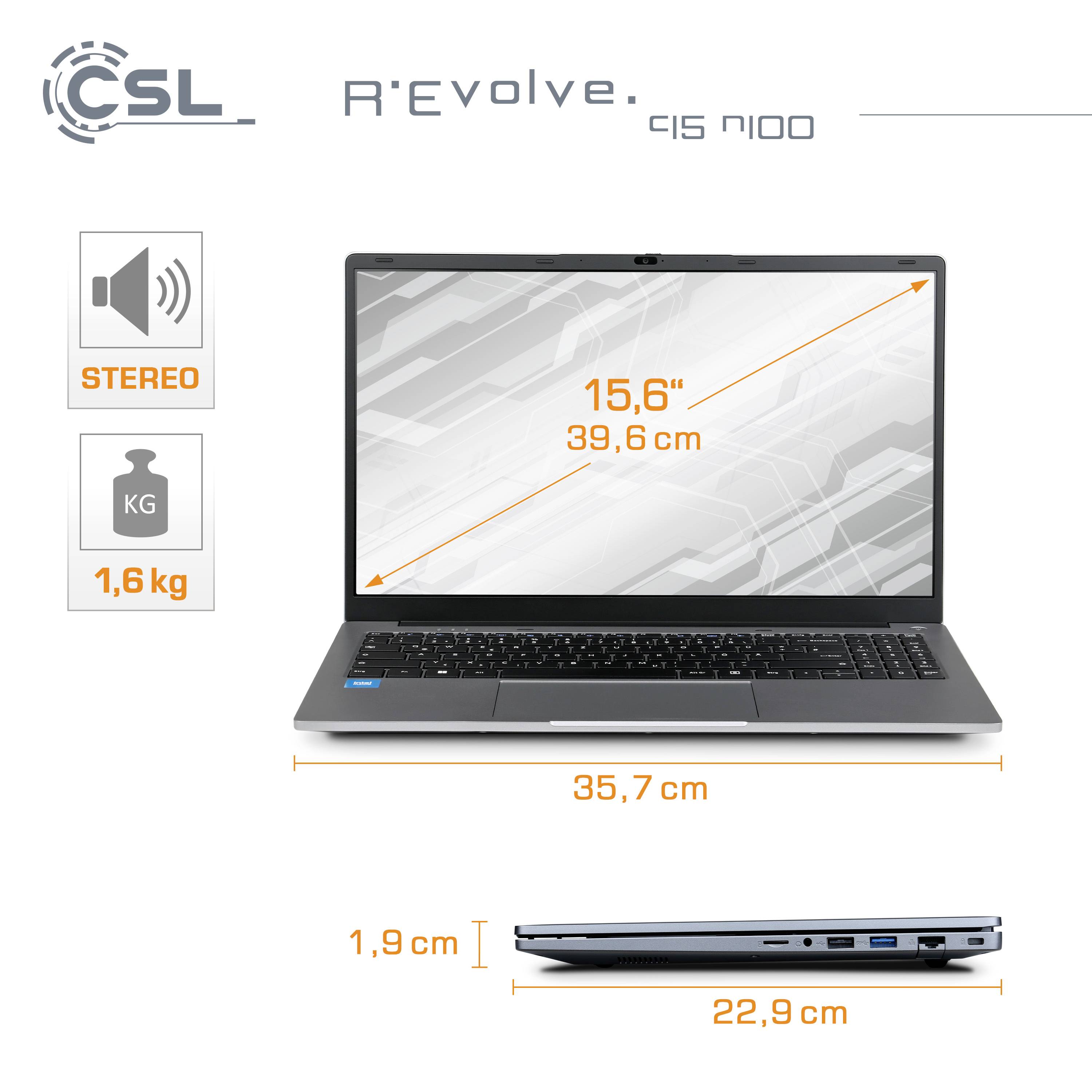 CSL Computer Notebook R'Evolve C15 v4 39.6cm (15.6 Zoll) Full HD Intel® N N100 16GB RAM 500GB SSD Deutsch, QWERTZ Grau 92346