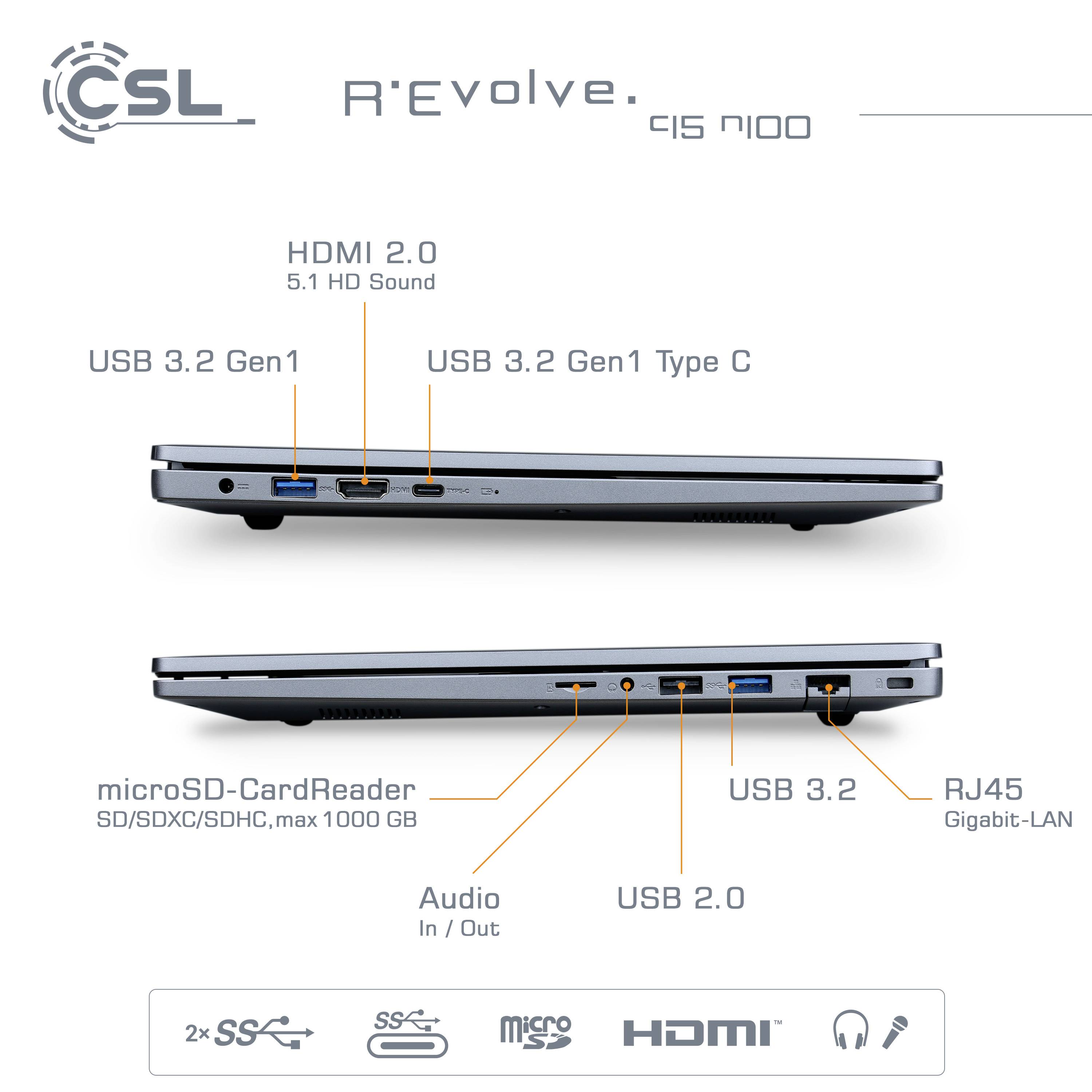 CSL Computer Notebook R'Evolve C15 v4 39.6cm (15.6 Zoll) Full HD Intel® N N100 32GB RAM 1TB SSD Deutsch, QWERTZ Grau 92356