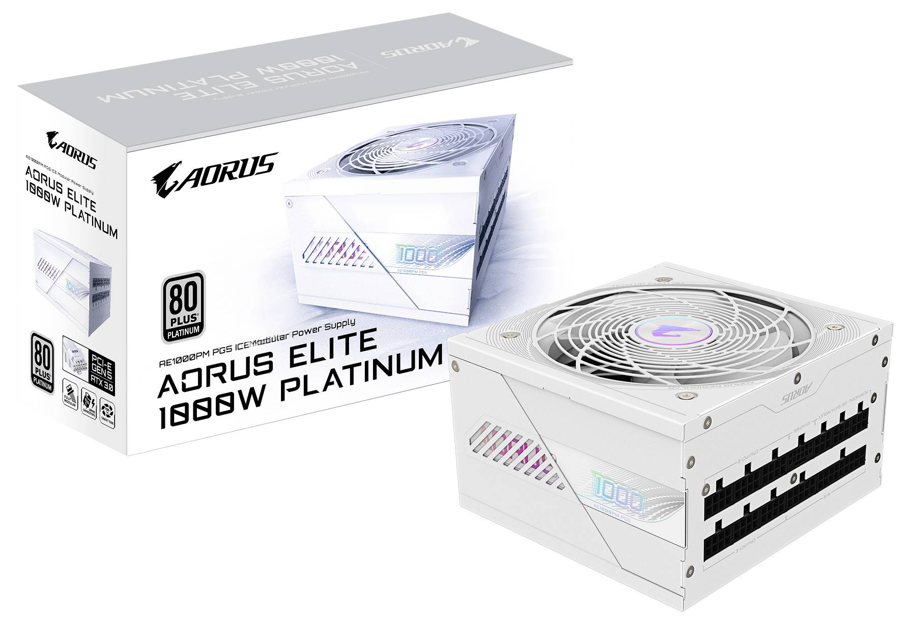 Netzteil AORUS Elite 1000W Platinum in Weiß, mit Verpackung im Hintergrund. Geeignet für hohe Leistung und Effizienzanforderungen.