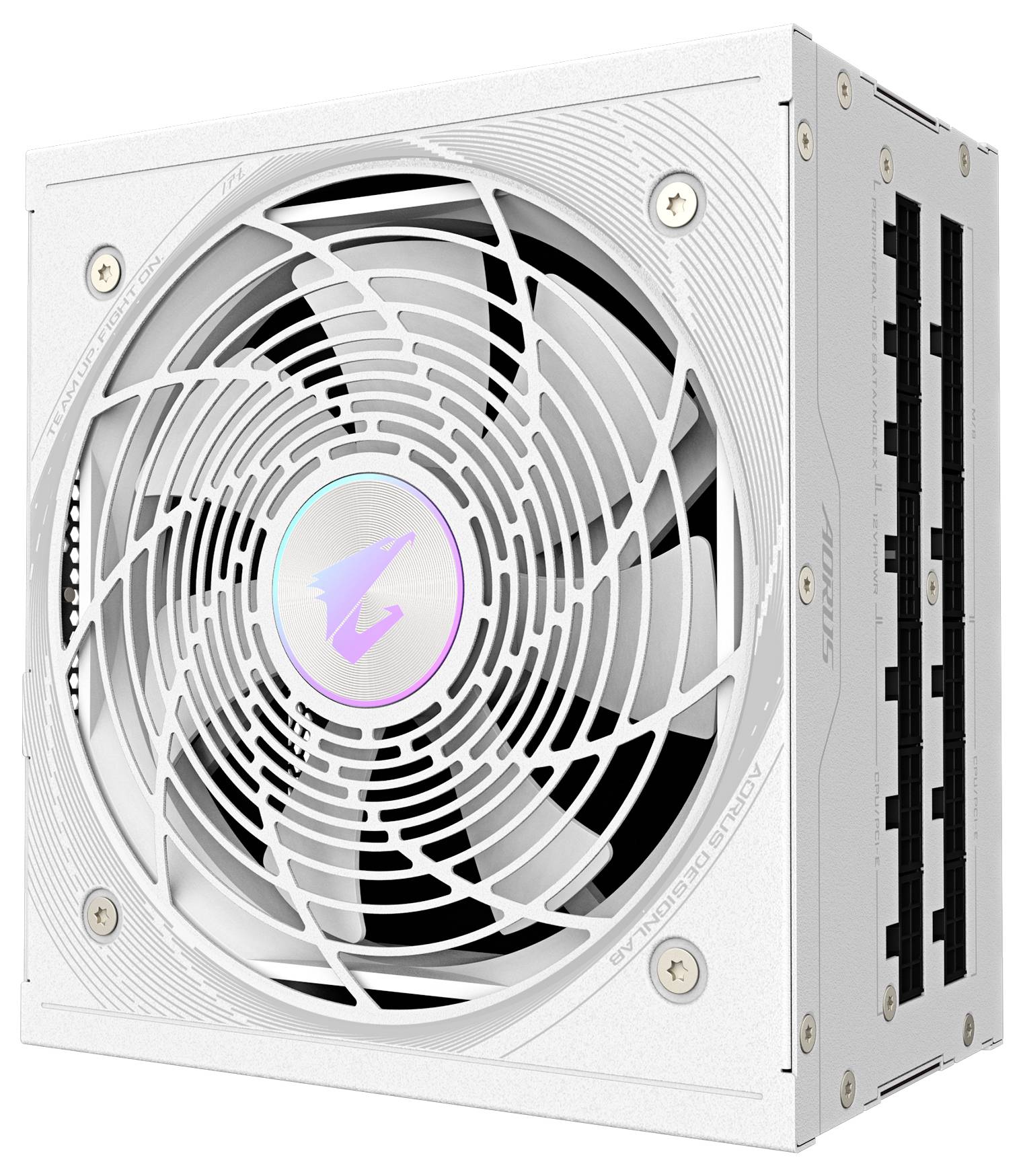 Ein weißes PC-Netzteil mit einem großen Lüfter und einem RGB-Logo in der Mitte. Auf der Seite befinden sich Steckplätze für Kabel.