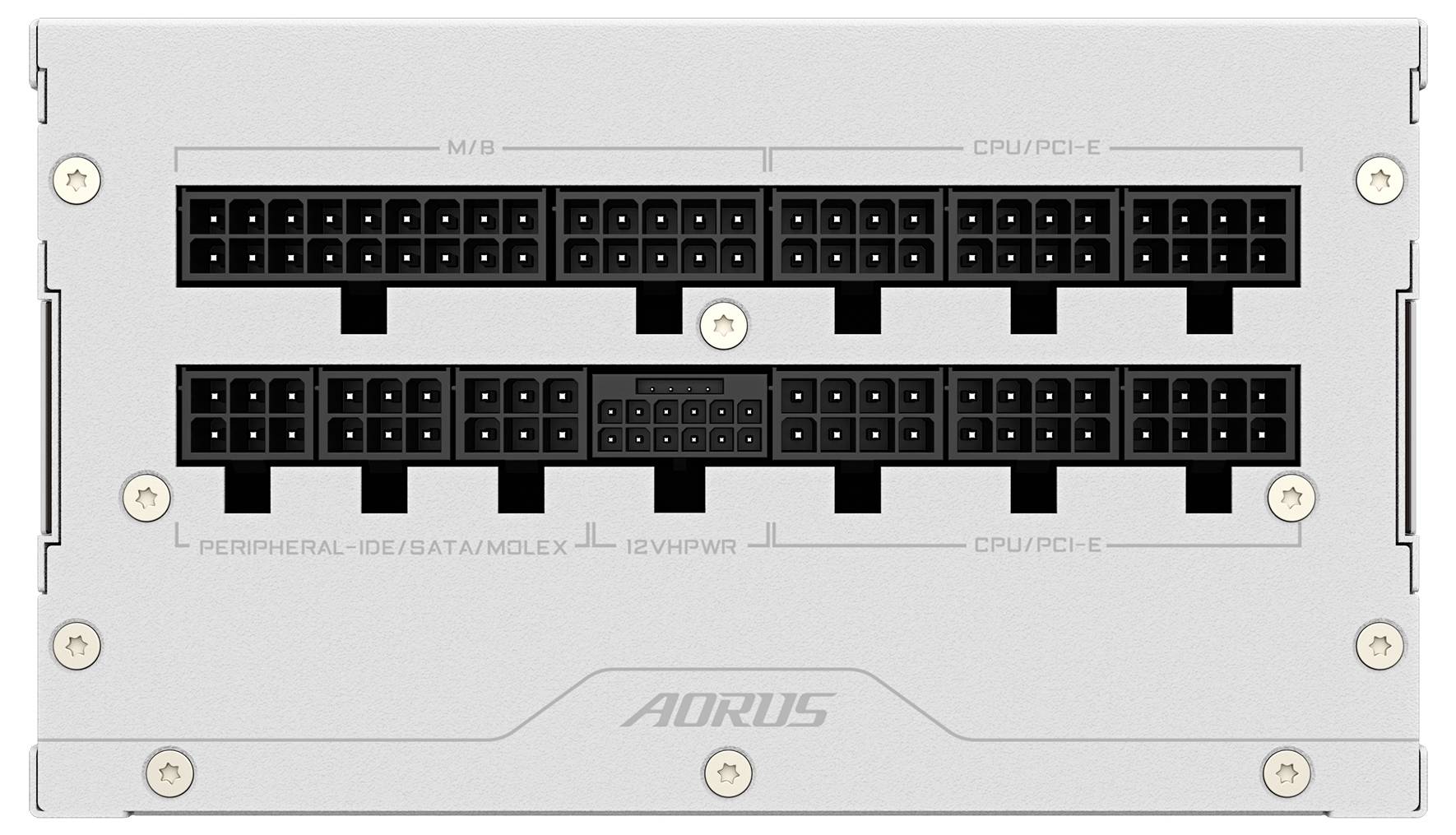 Rückseite eines AORUS-Netzteils mit mehreren schwarzen Steckverbindungen für CPU/PCI-E und weitere Komponenten.