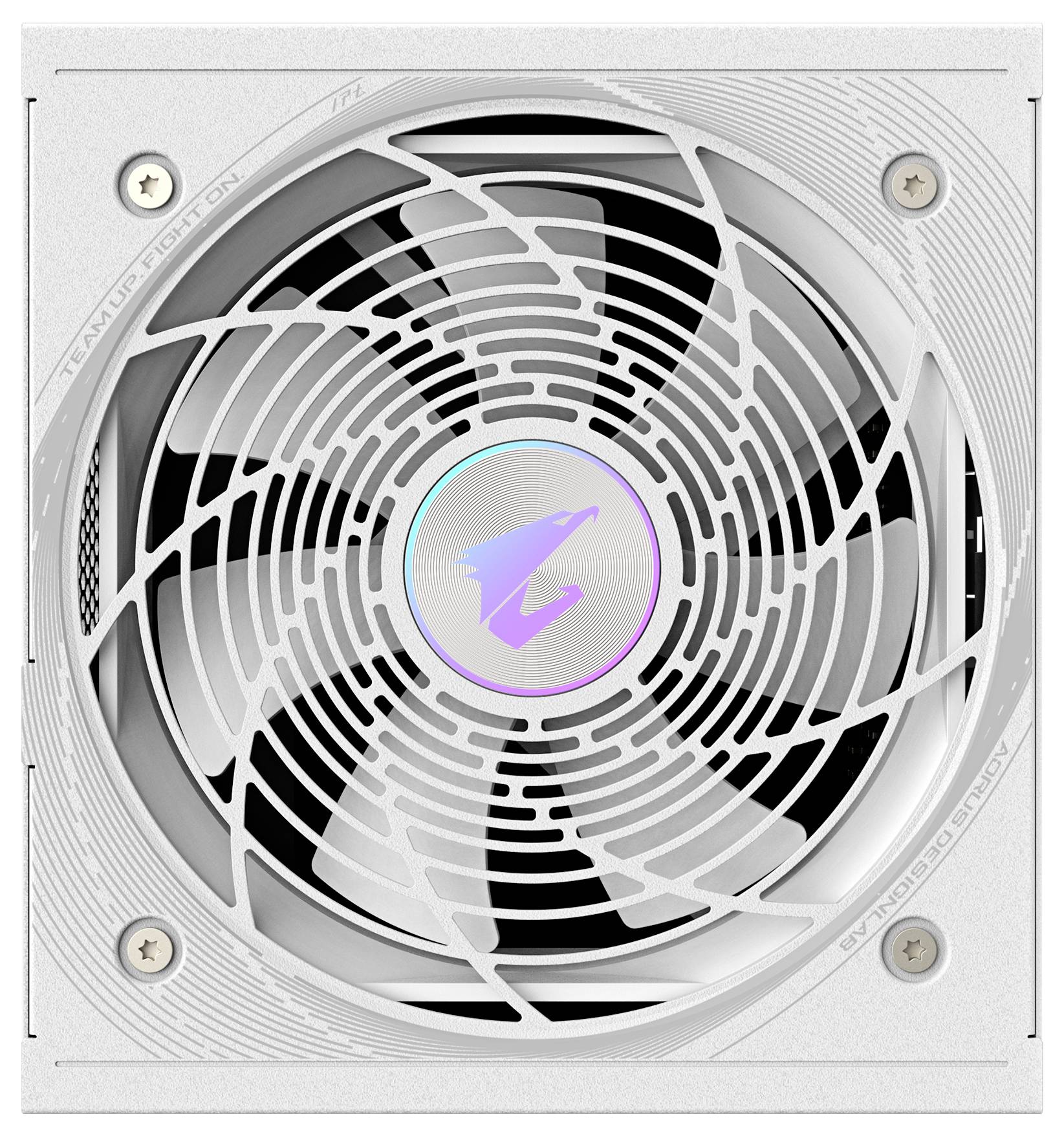 Ein weißer Computerlüfter mit einem spiralförmigen Gitterdesign und einem beleuchteten Logo in der Mitte.
