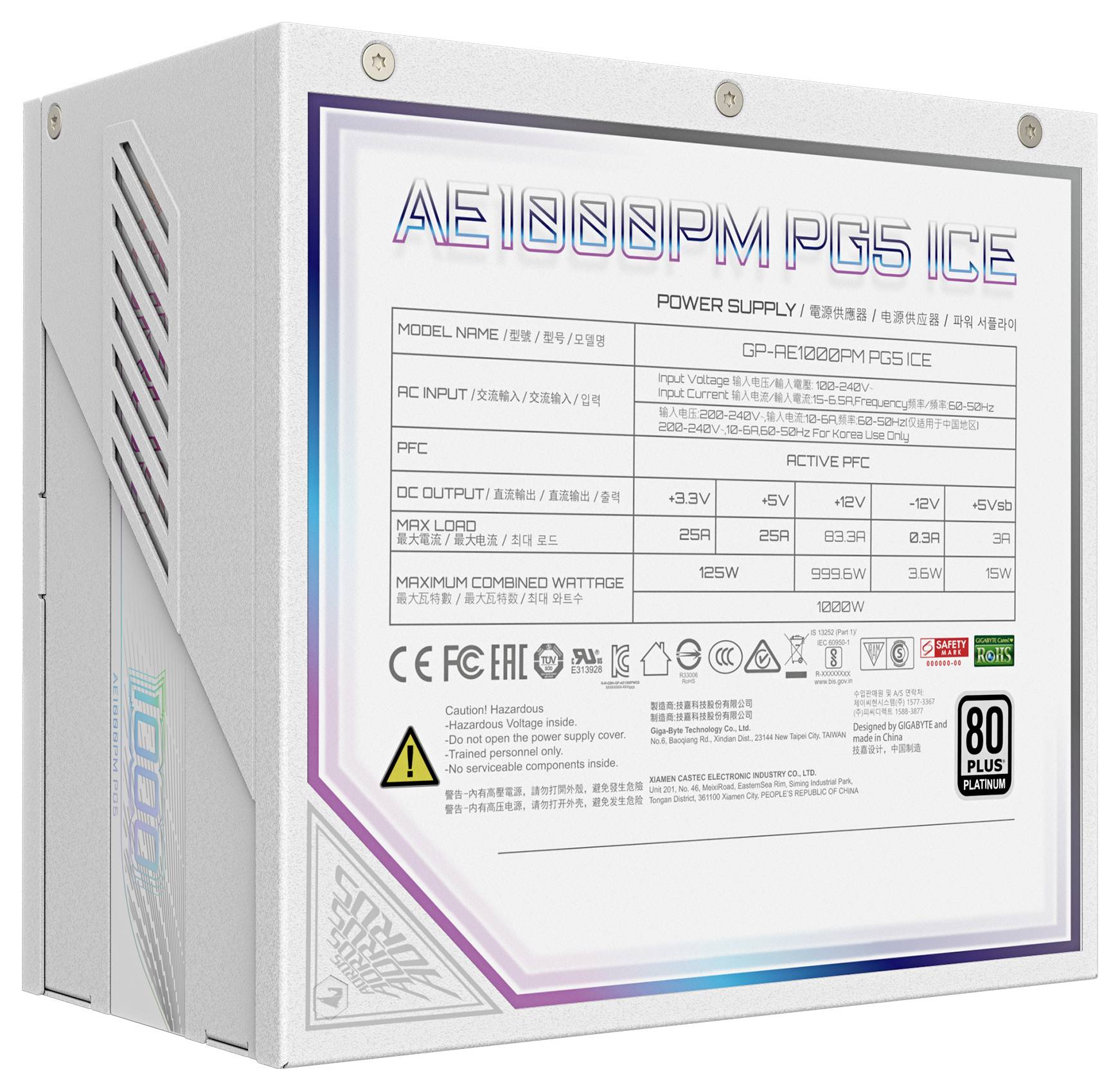 Ein PC-Netzteil mit der Bezeichnung 'AE1000PM PG5 ICE', zeigt technische Details wie 1000W Leistung, 80 PLUS Platinum, aktive PFC.