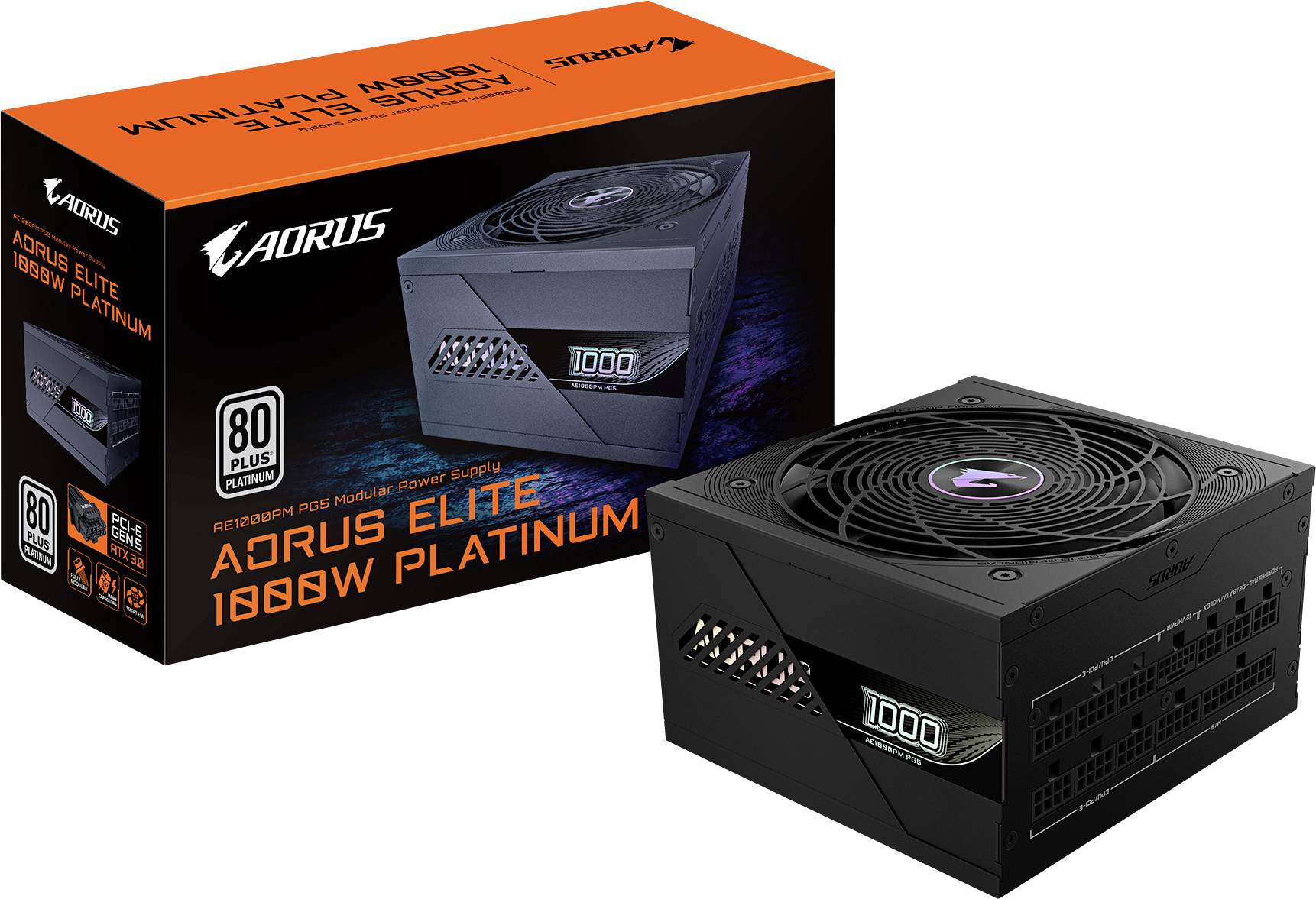 Netzteil Aorus Elite 1000W Platinum neben Verpackung. 80 Plus Platinum-Zertifizierung, modulares Design, schwarzes Gehäuse.