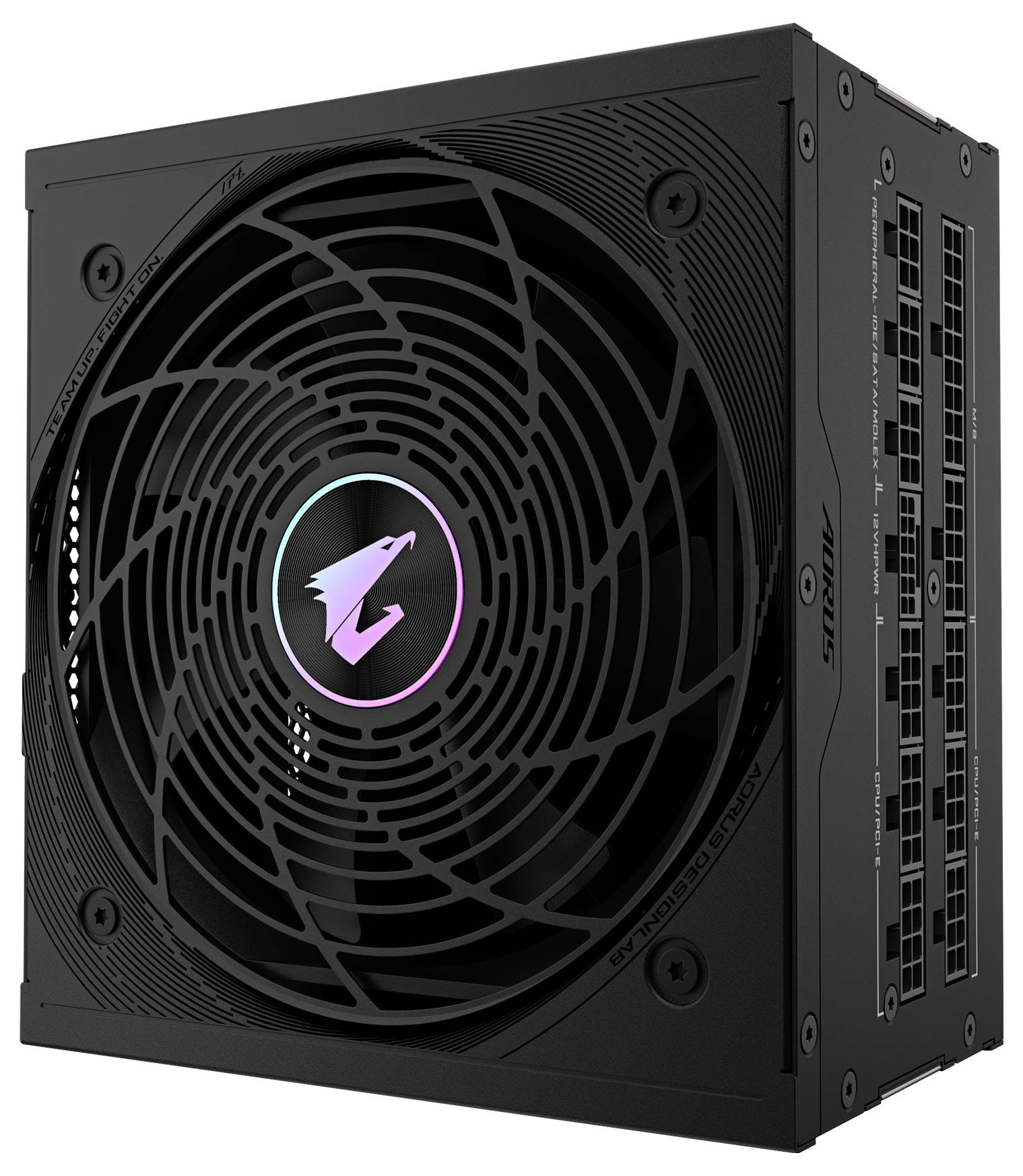 Ein schwarzes Computer-Netzteil mit einem beleuchteten Lüftergitter zeigt ein Logo in der Mitte an. Mehrere Anschlüsse sind sichtbar.