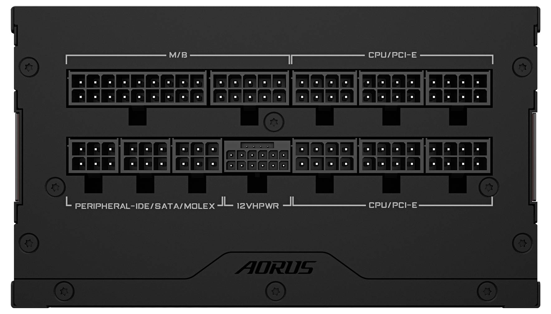 Rückseite eines Netzteils mit verschiedenen Stromanschlüssen, beschriftet für CPU/PCI-E, M/B, Peripherie, SATAs und 12VHPWR.