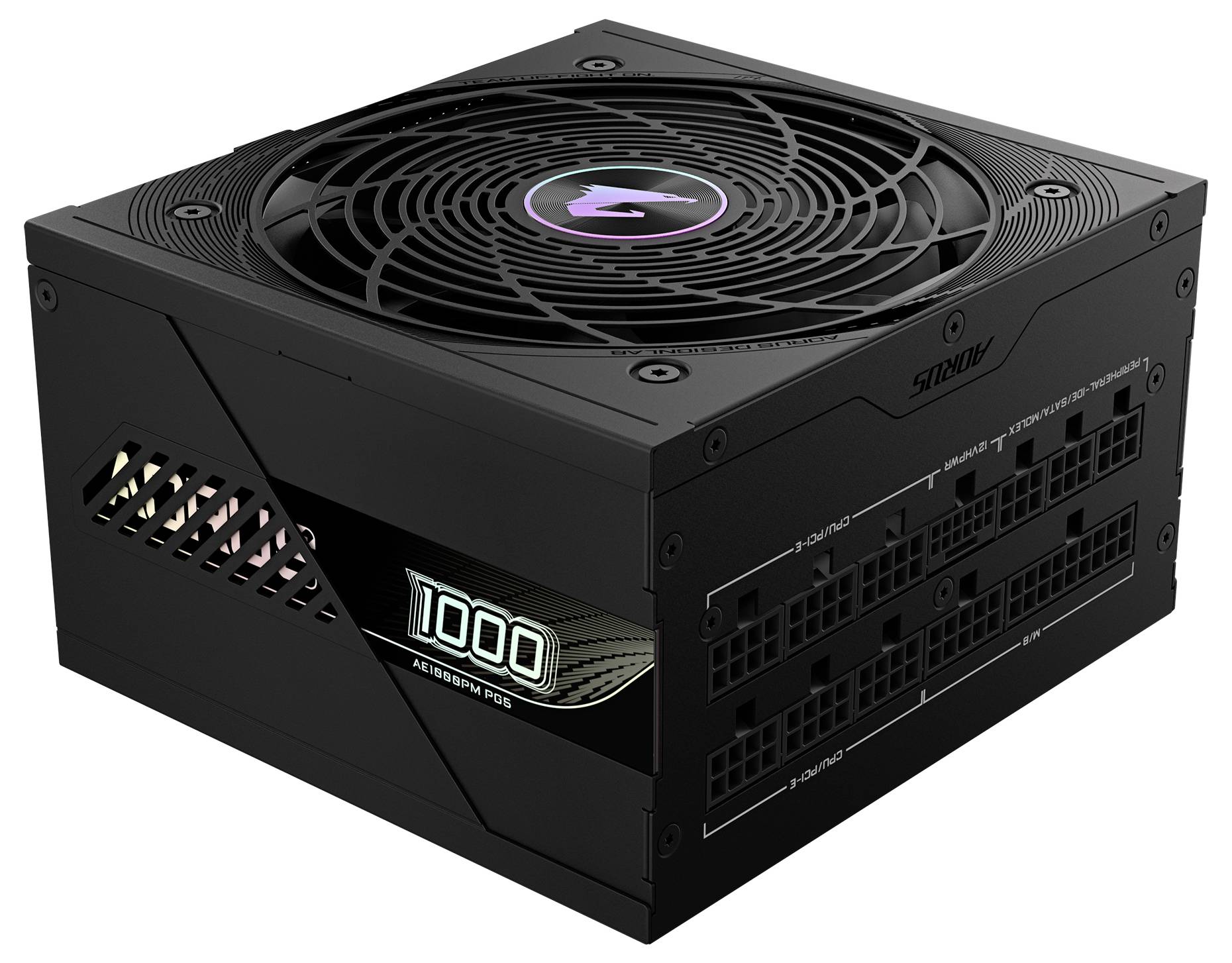 Schwarzes Netzteil mit einer Leistung von 1000 Watt, zeigt mehrere Anschlüsse und ein Lüftergitter mit einem beleuchteten Logo.
