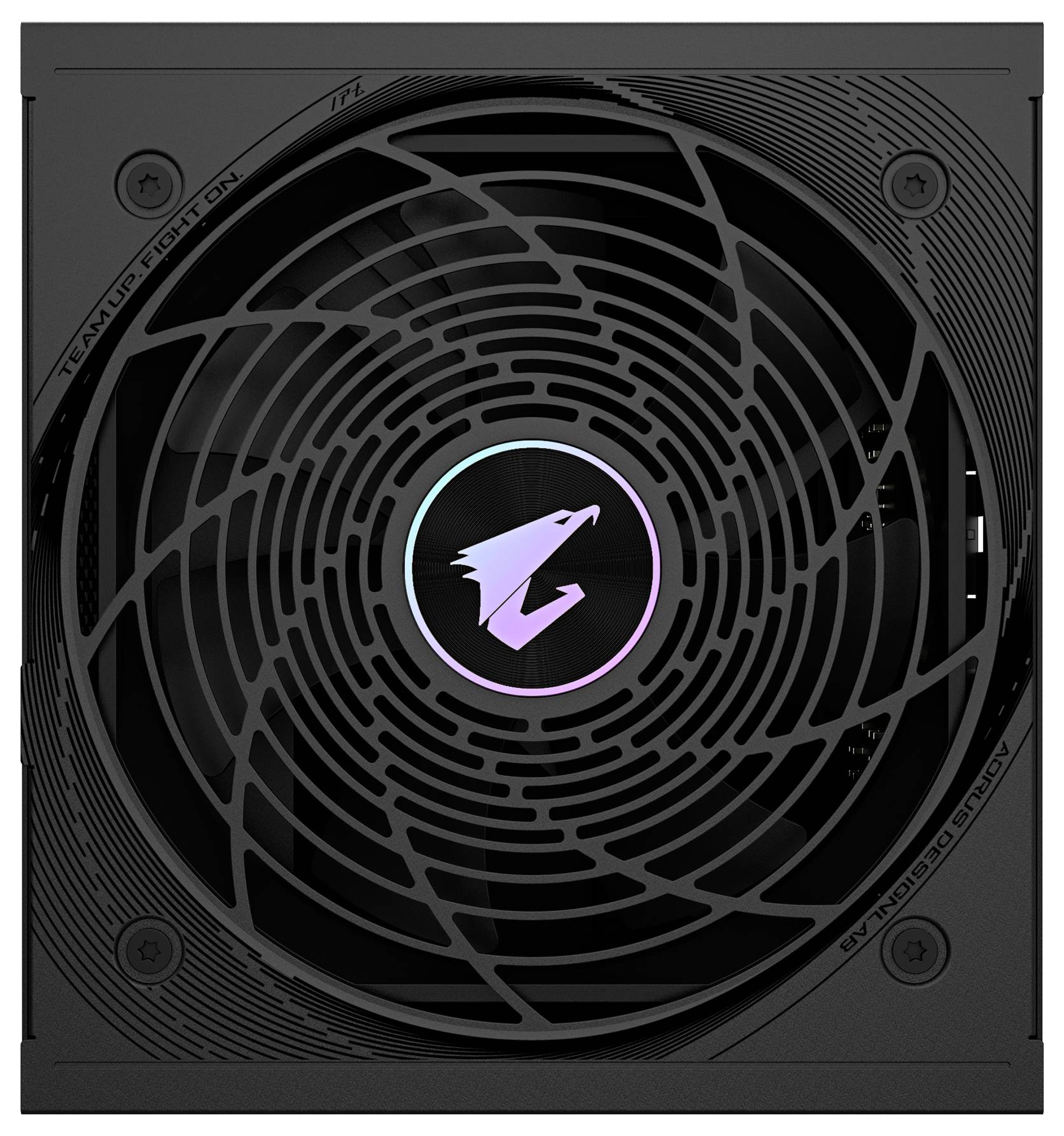 Externes Computernetzteil mit stilisiertem Lüftungsgitter und beleuchtetem Logo in der Mitte. Einsatz in Gaming-PCs.