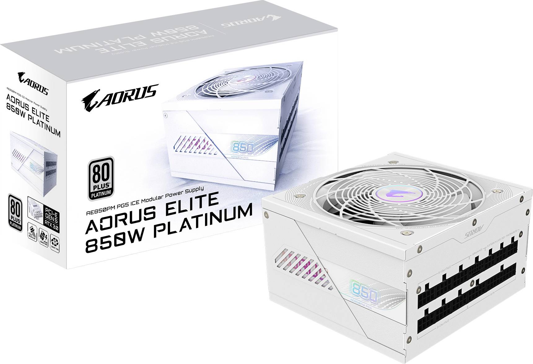 Weiße ATX-Netzteilpackung und Netzteilmodul mit Logo 'AORUS ELITE 850W PLATINUM'. Netzteil zeigt den Schriftzug '80 PLUS PLATINUM'.