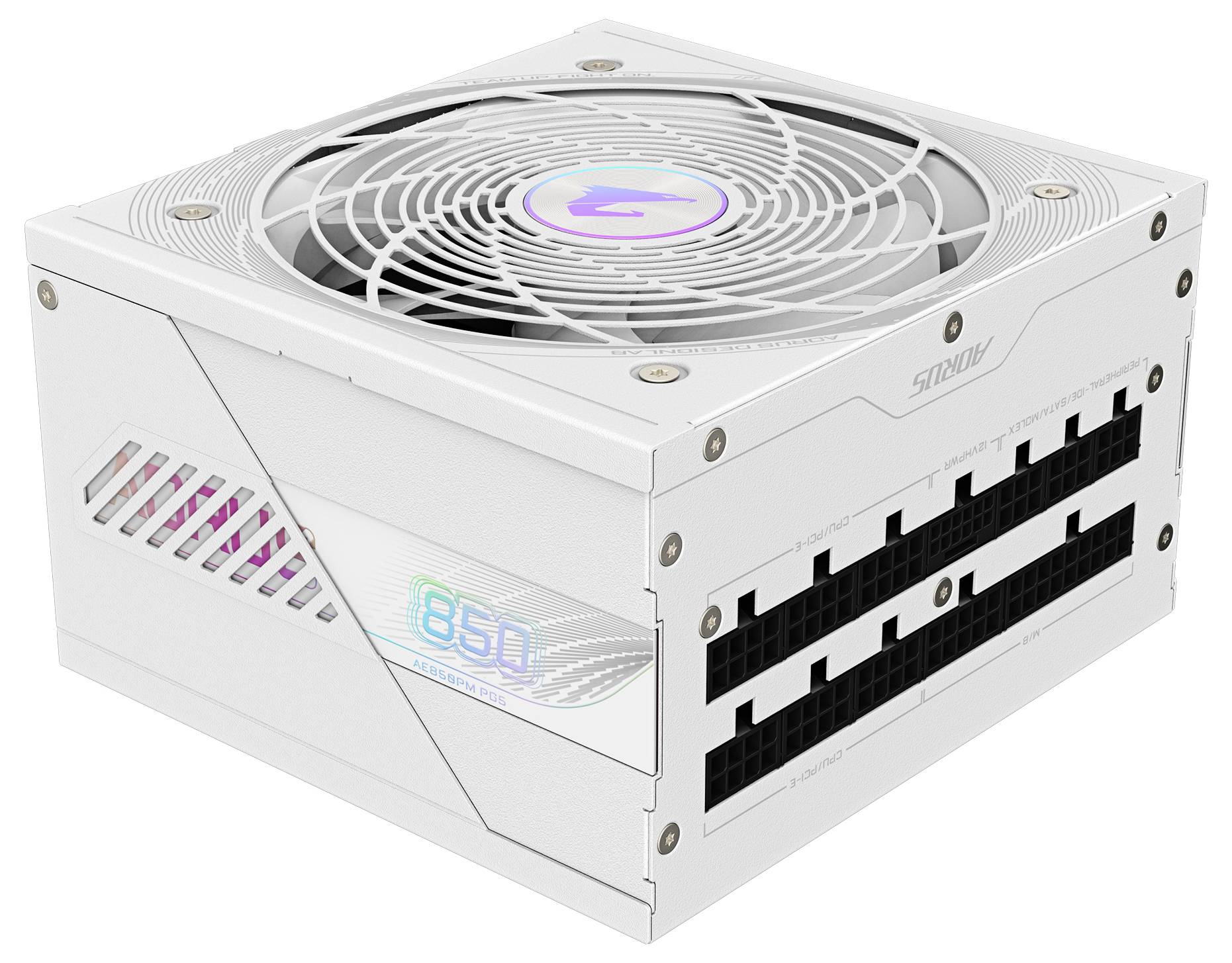 Ein weißes Computer-Netzteil mit einem Lüfter an der Oberseite und mehreren Anschlüssen an der Seite, Modell '850'.