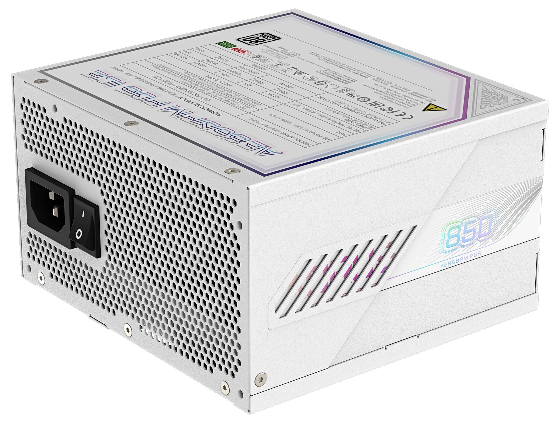 Weiße Computer-Netzteilbox mit Lüftungsgitter, Schalter und Leistungsangaben oben. Text: '850 W'.