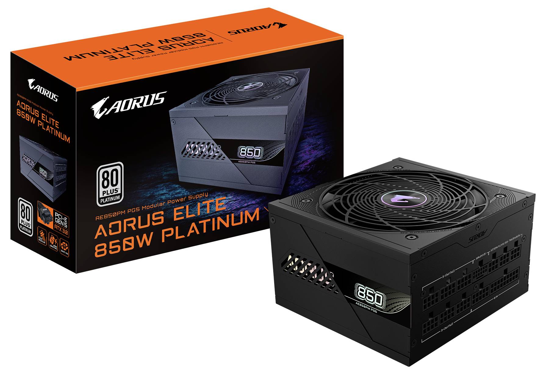 'AORUS ELITE 850W Platinum' Netzteil und Verpackung. Zeigt Produktdesign, betont Leistungseffizienz mit 80 Plus Platinum Zertifikat.