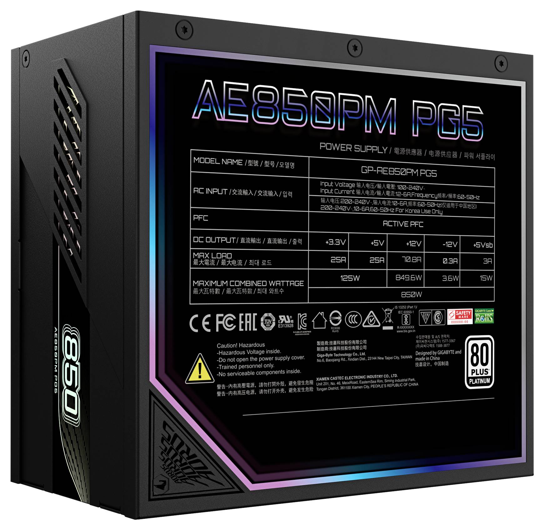 'AE850PM PG5'-Netzteil, 850W, 80 Plus Platinum, aktive PFC, DC-Ausgang: +3.3V/20A, +5V/20A, +12V/70.5A, -12V/0.3A, +5Vsb/2.5A.