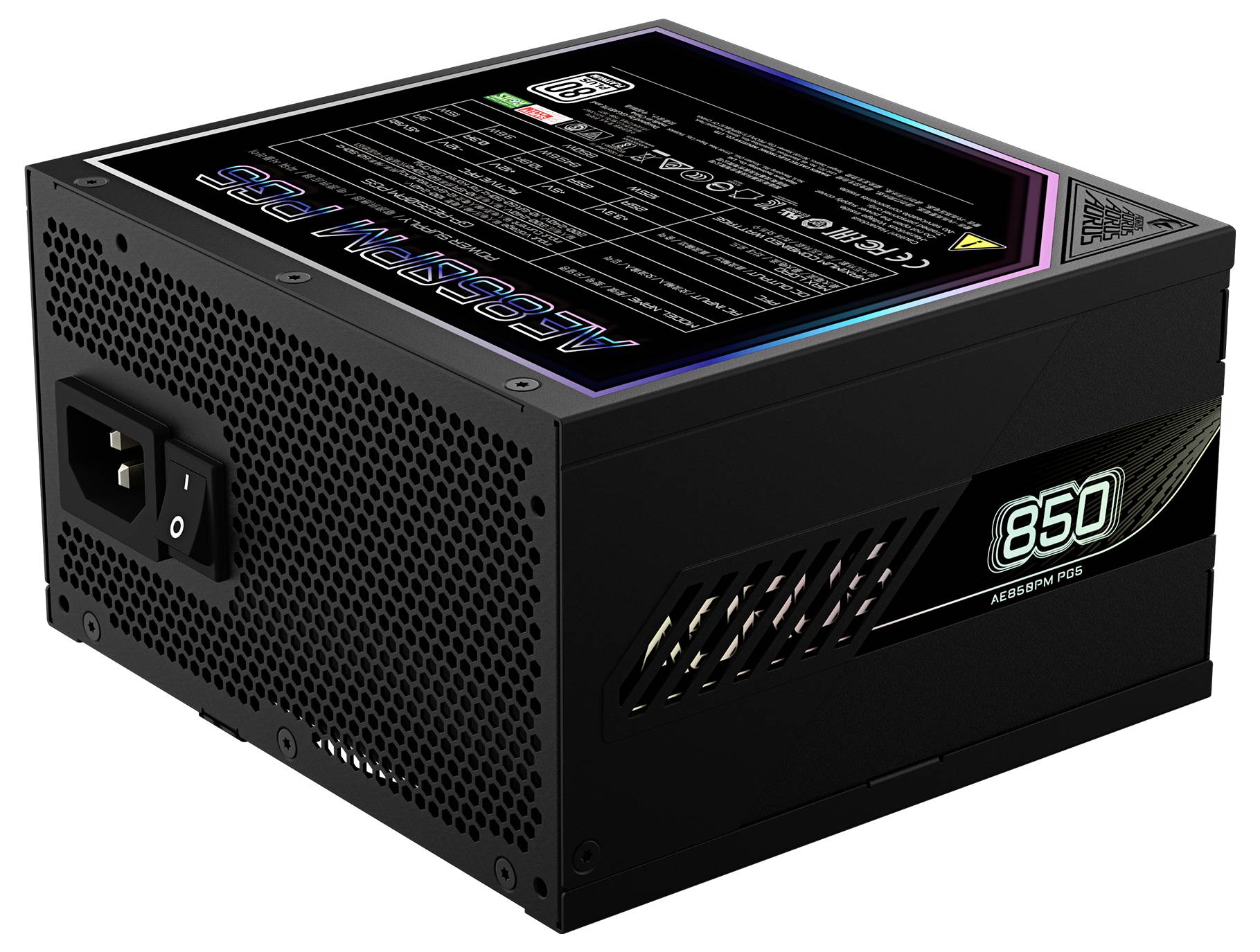 Ein schwarzes PC-Netzteil mit 850 Watt Leistung. Es zeigt ein Bedienfeld mit Schalter und Lüftungsgitter.