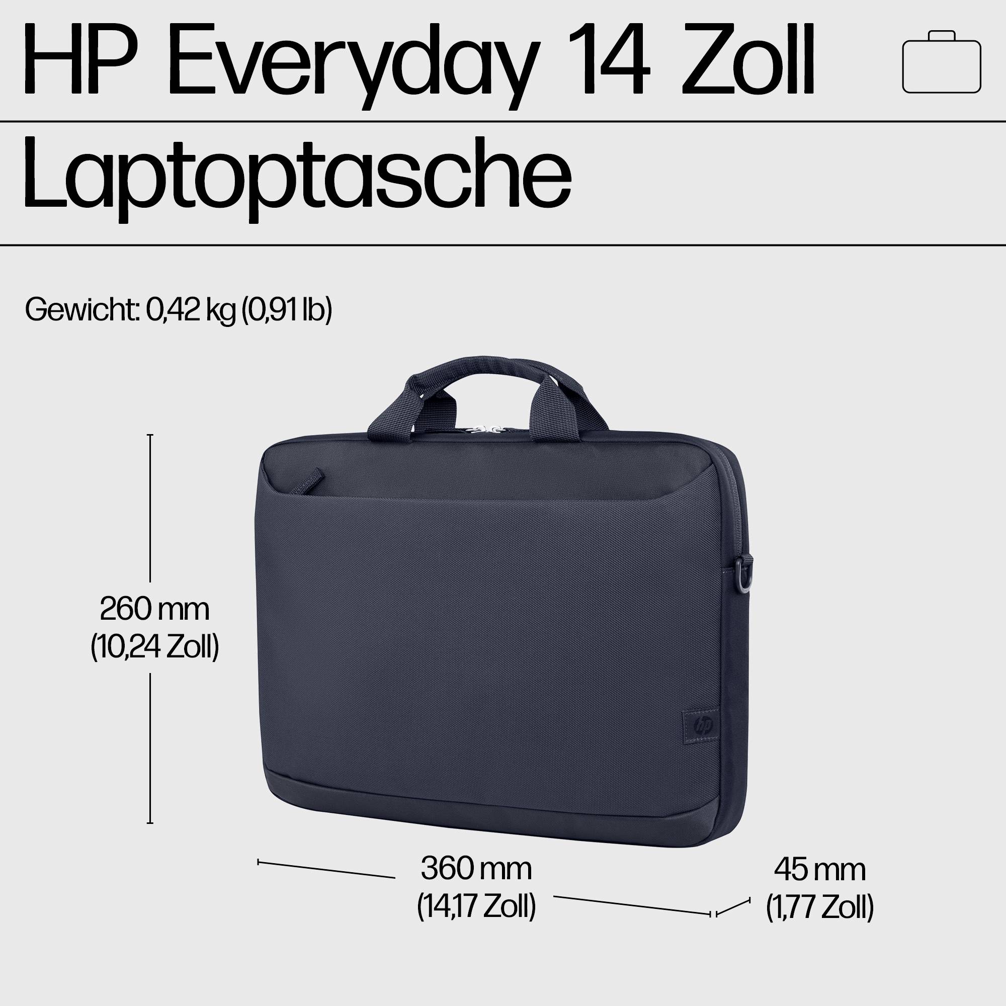 HP Laptoptasche für 14 Zoll. Schwarze Tasche, Maße: 360 x 260 x 45 mm, Gewicht: 0,42 kg.