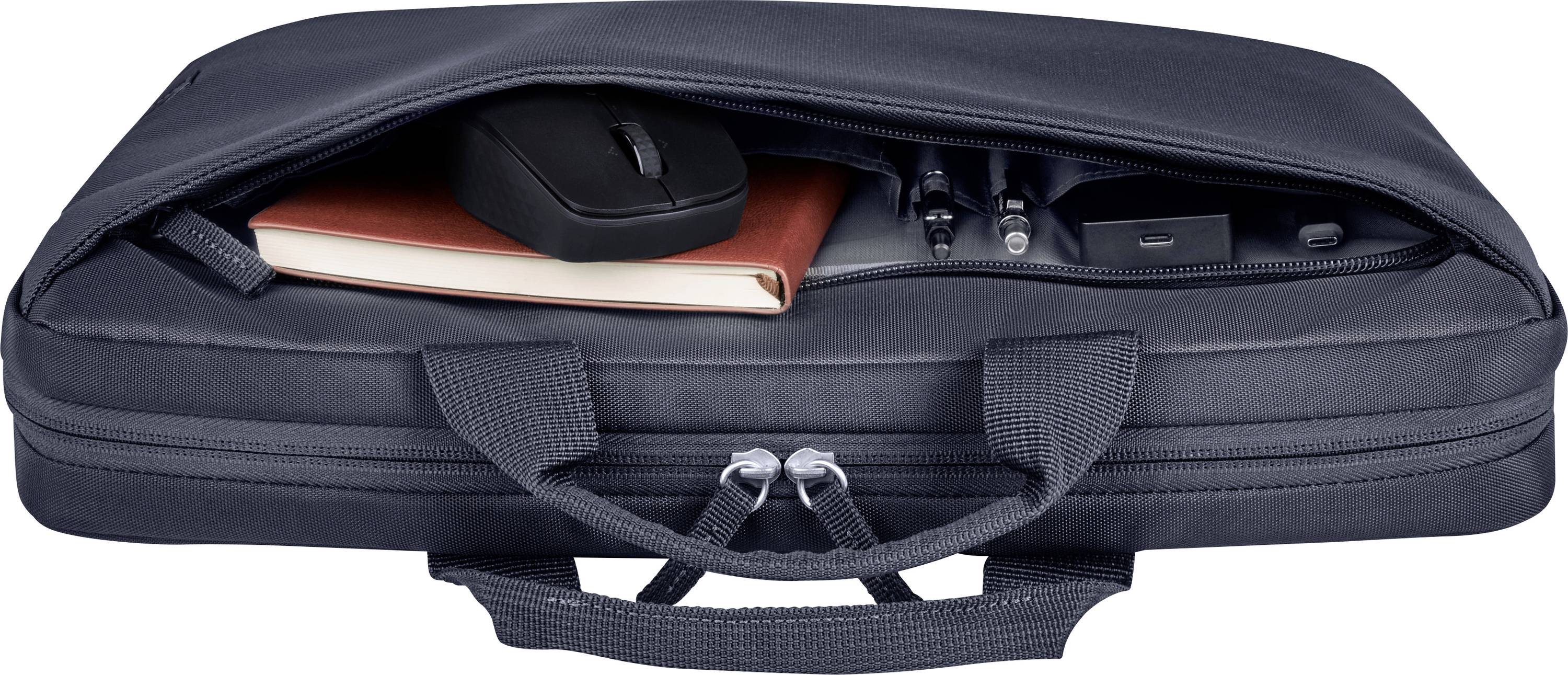 Eine geöffnete schwarze Laptoptasche mit einem Notebook, einer Computermaus und Schreibutensilien im Hauptfach.