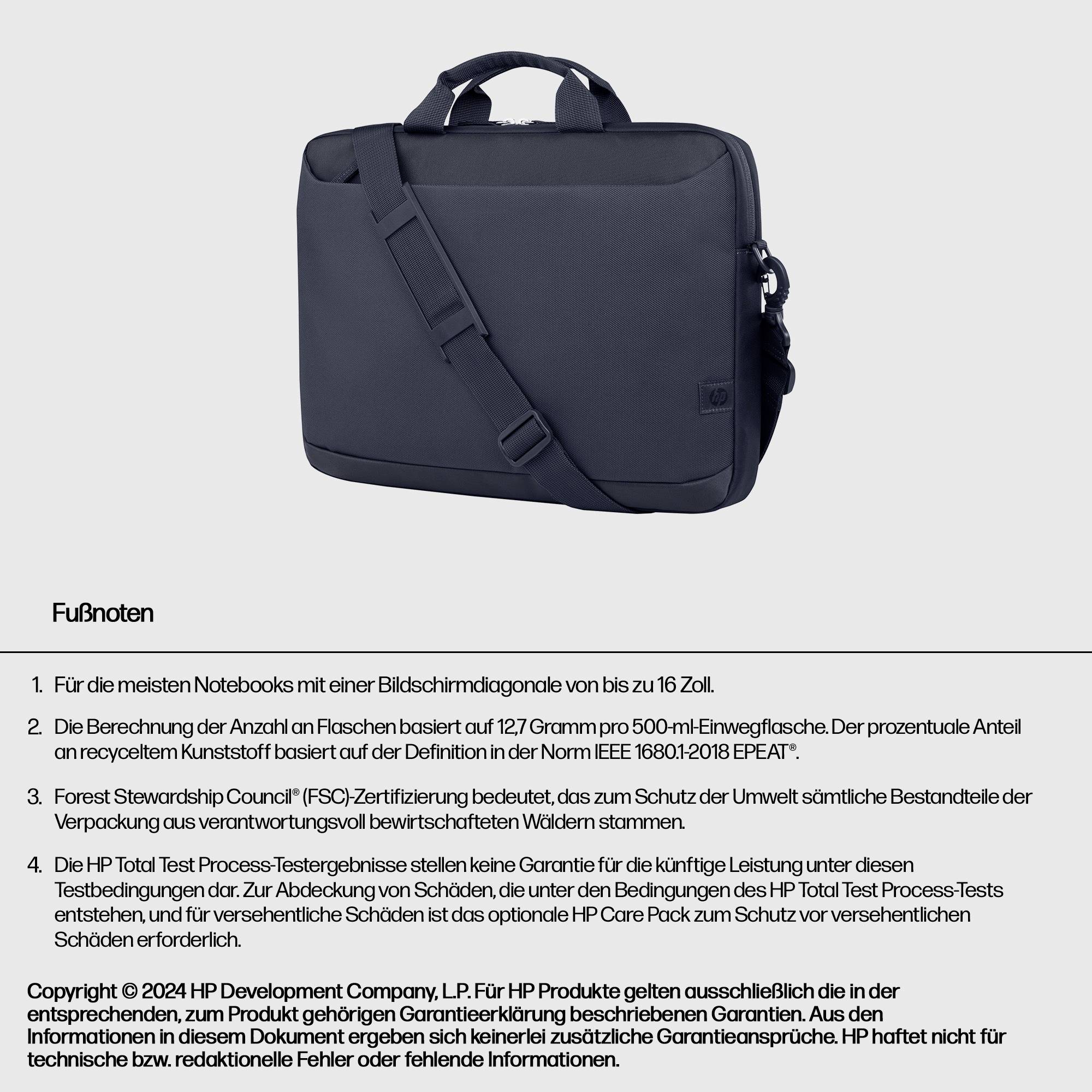 Eine schwarze Notebook-Tasche steht auf weißem Hintergrund. Darunter Text: 'Fußnote 1:...Umwelt 3 %, Kunststoff 18,5 %'.