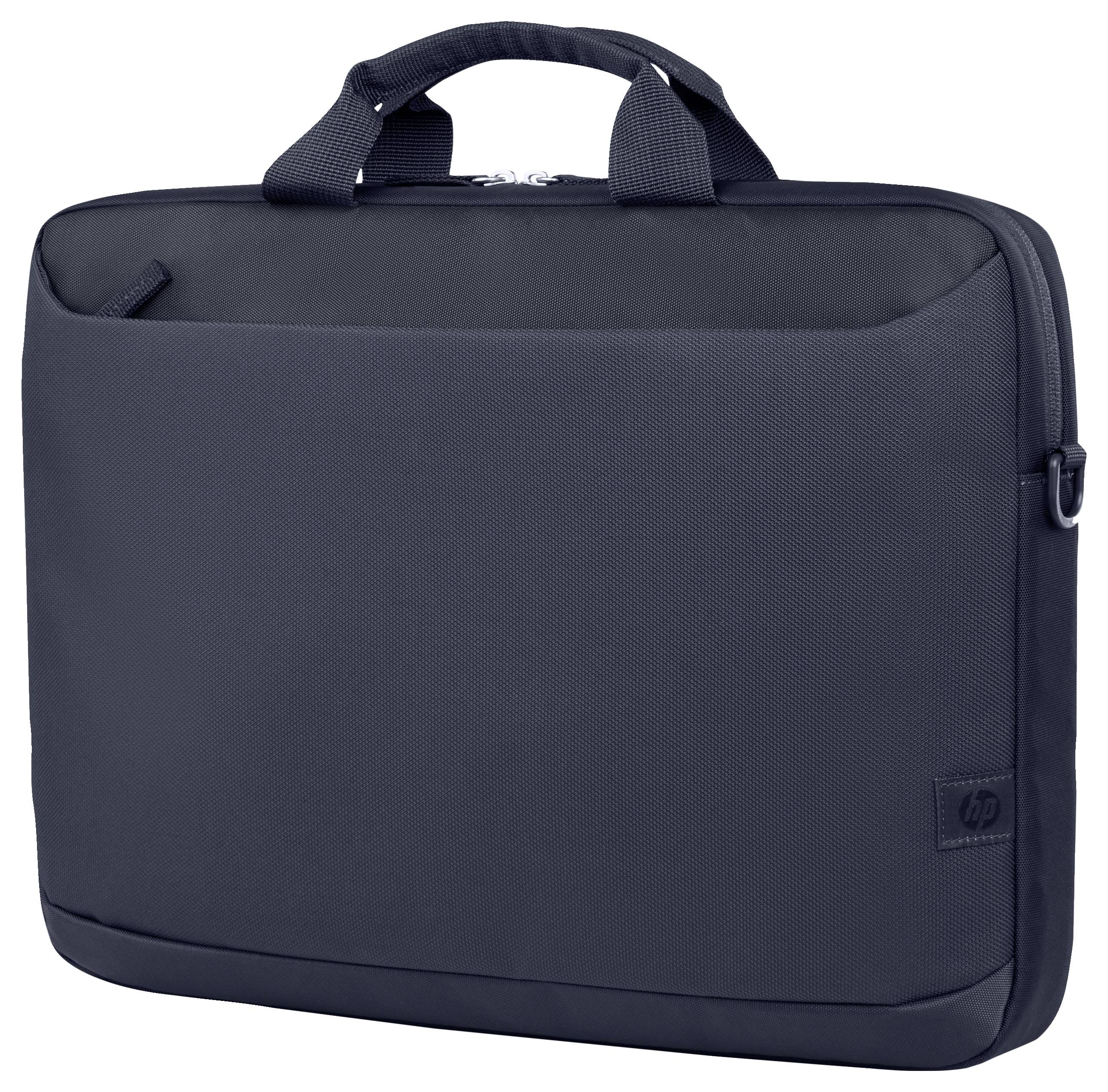Eine schwarze Laptop-Tasche mit Tragegriff und HP-Logo, schlichtes Design.