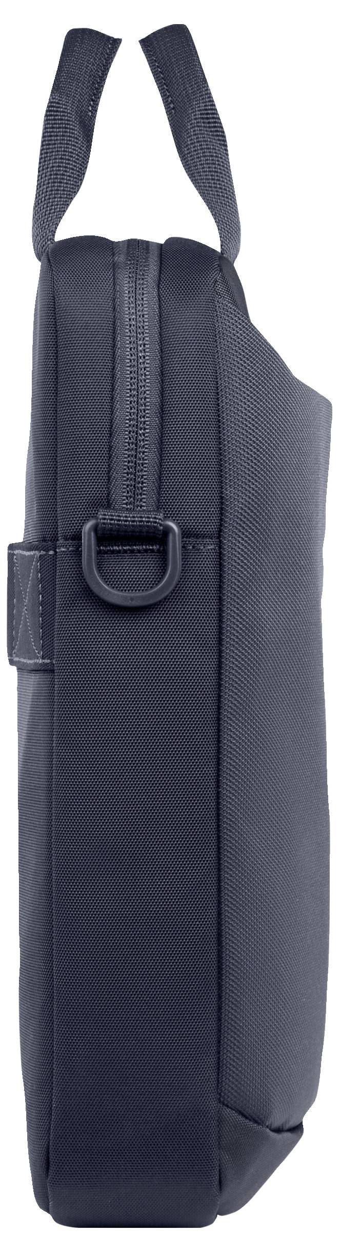 Eine schwarze Laptop- oder Umhängetasche seitlich fotografiert mit Reißverschluss und Tragegriff, zeigt die schlichte und kompakte Form der Tasche.