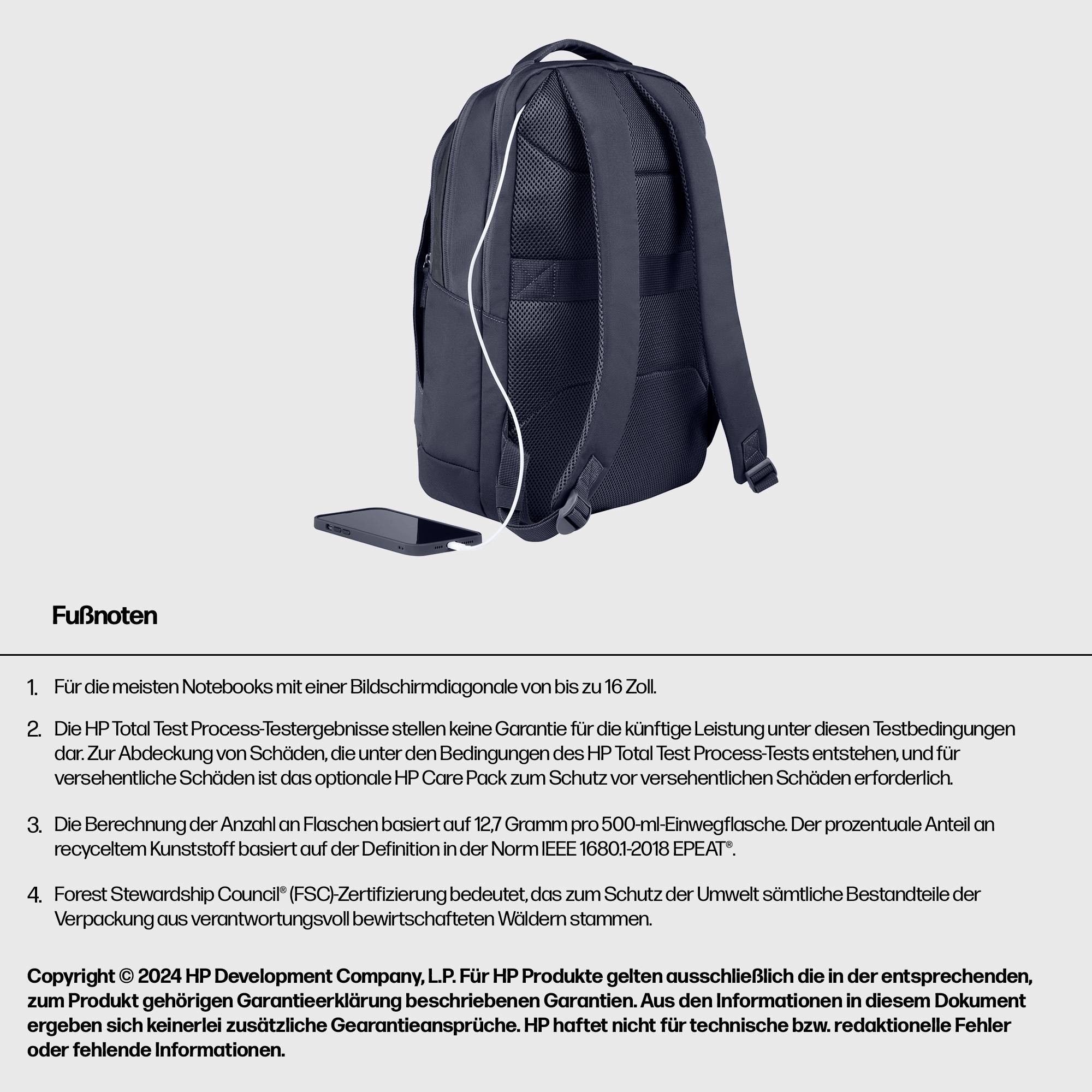 Ein schwarzer Rucksack mit Kopfhörern und einem Smartphone daneben. Text unten beschreibt Garantiebedingungen und Fußnoten.