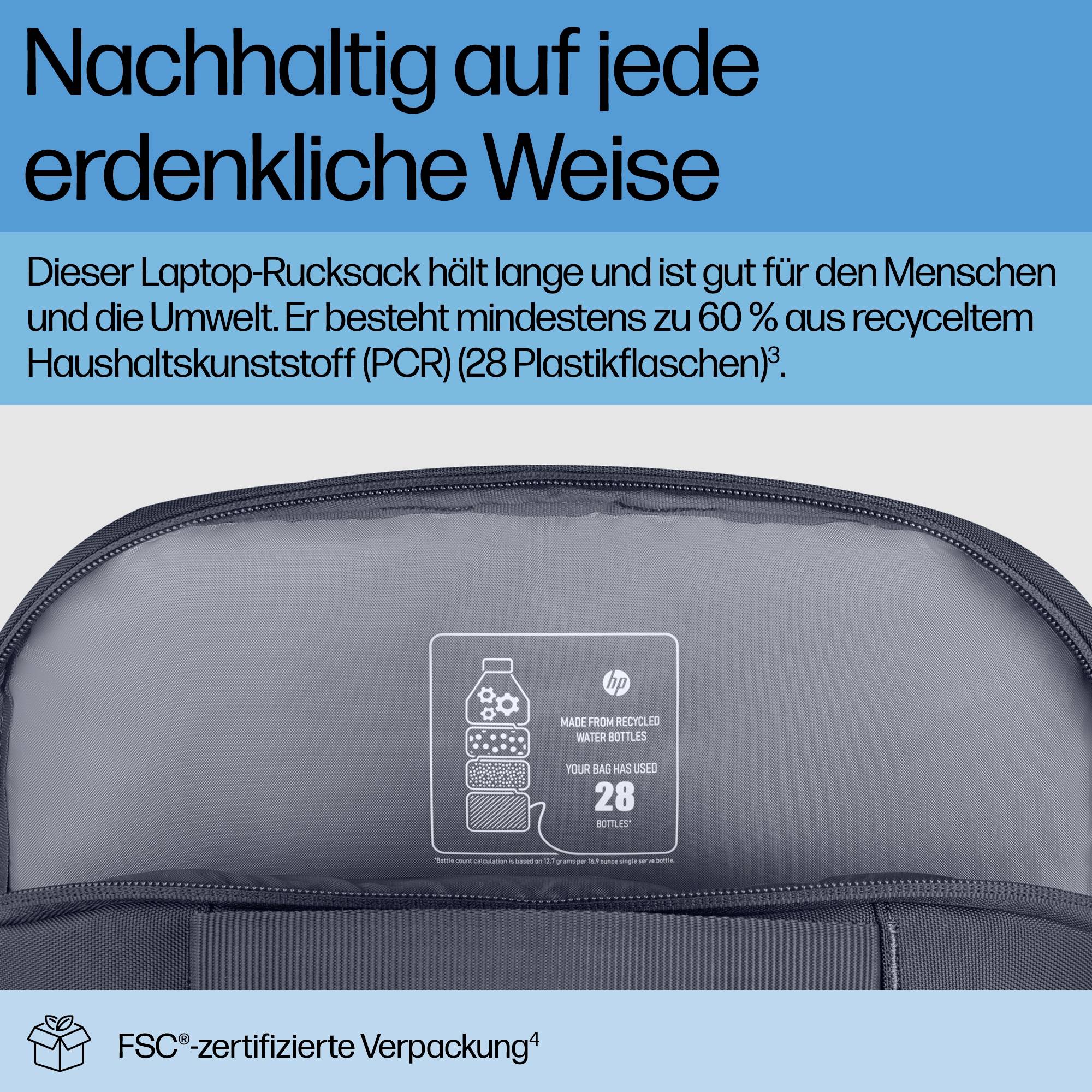 Laptop-Rucksack aus 60 % recyceltem Kunststoff, nachhaltig und umweltfreundlich. Verpackung FSC-zertifiziert.
