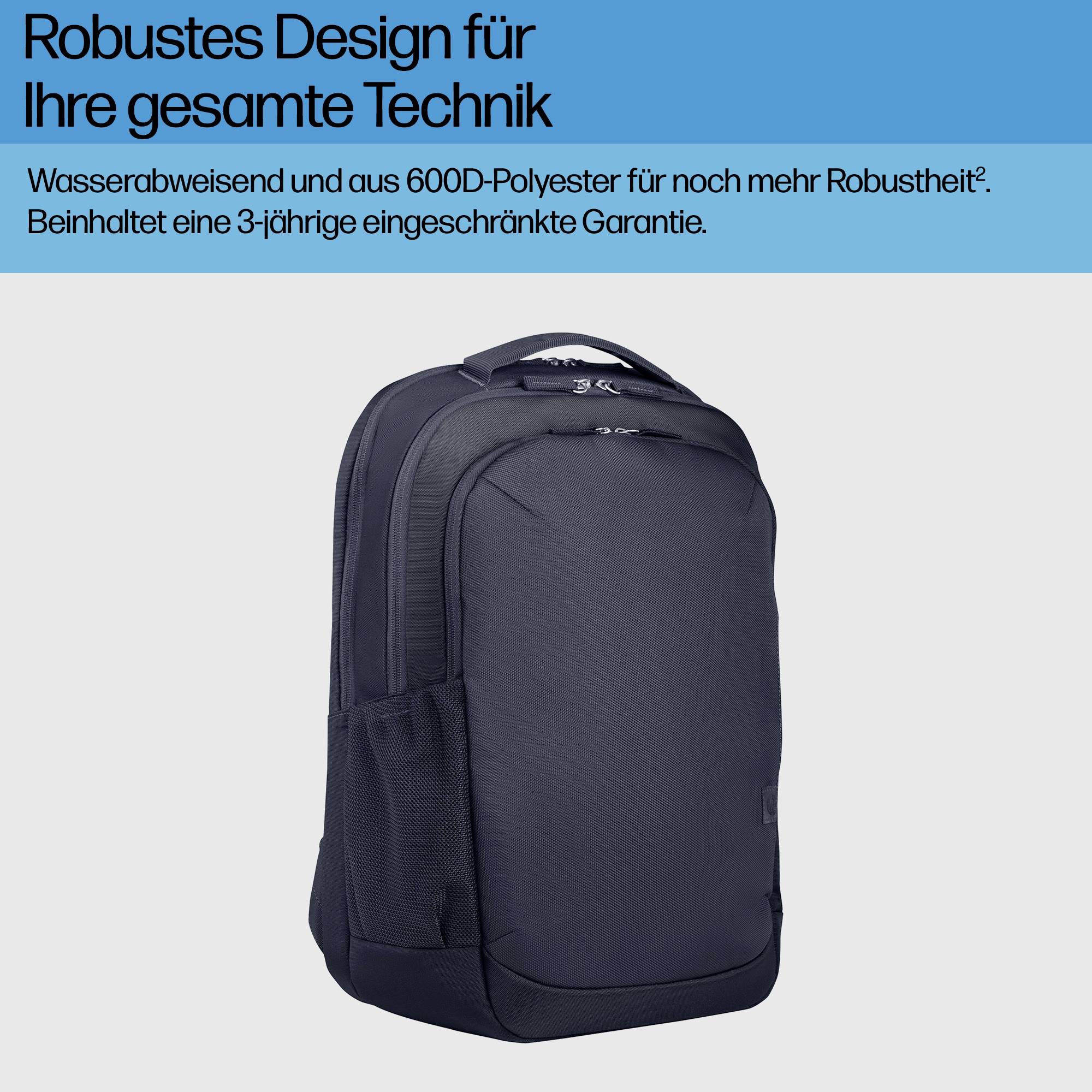 Ein schwarzer Rucksack vor blauem Hintergrund, mit Text: 'Robustes Design für Ihre gesamte Technik'. Wasserdicht, 600D-Polyester.