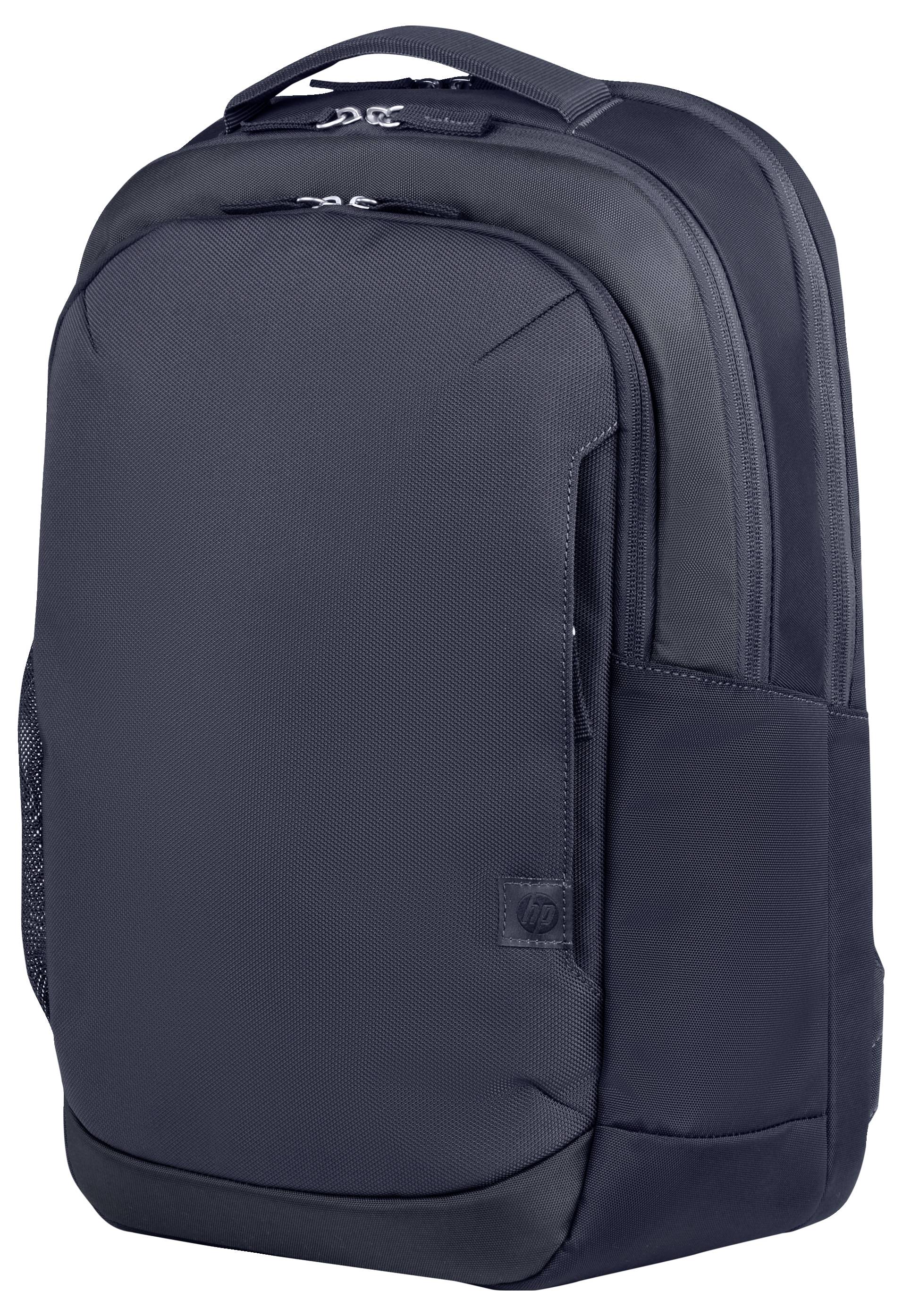 Ein schwarzer Rucksack mit mehreren Fächern und einem Tragegriff oben, geeignet für Schule oder Arbeit.