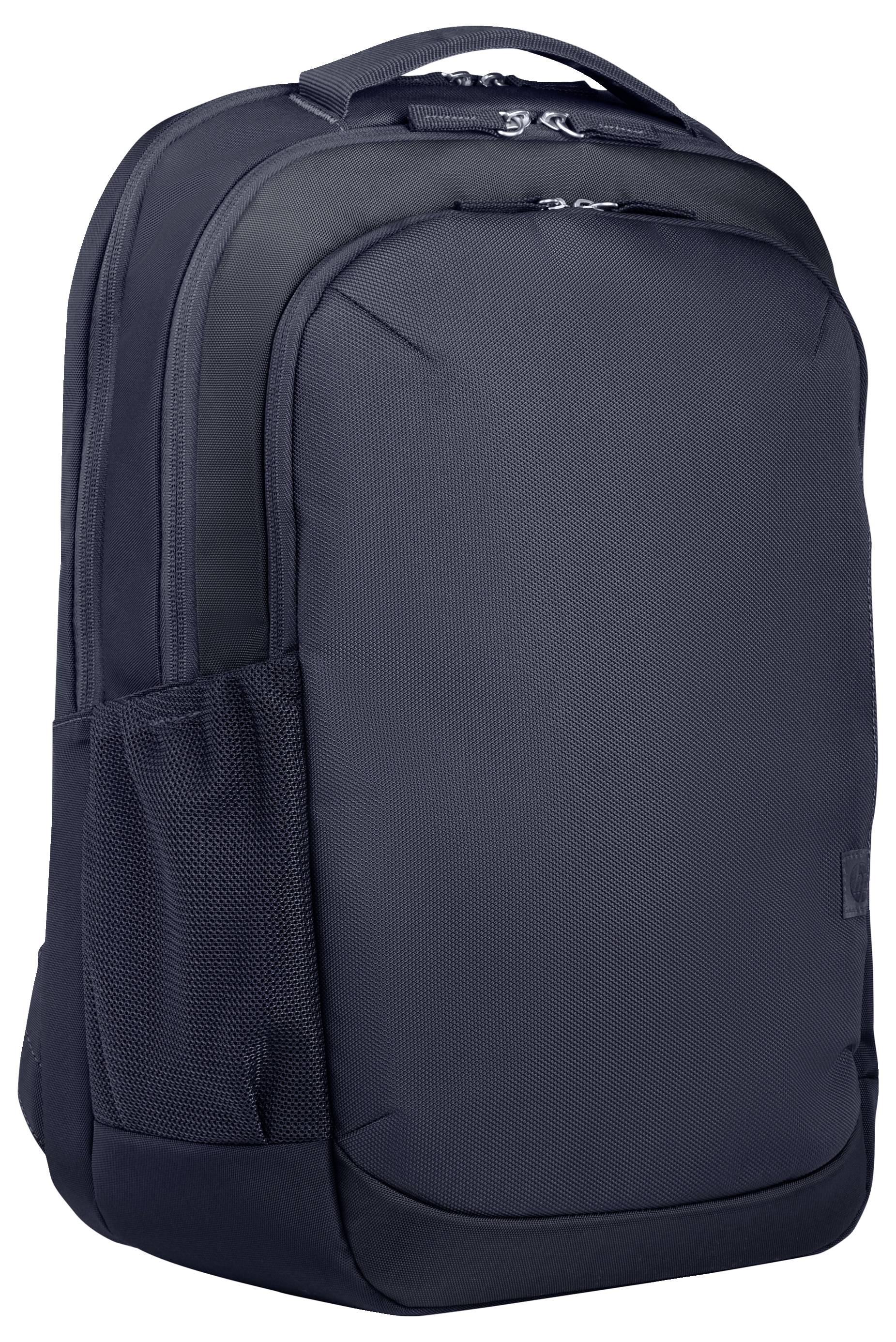 Schwarzer Rucksack mit Reißverschluss. Er hat zwei Hauptfächer und eine Seitentasche aus Netzstoff. Geeignet für Reisen oder Schule.